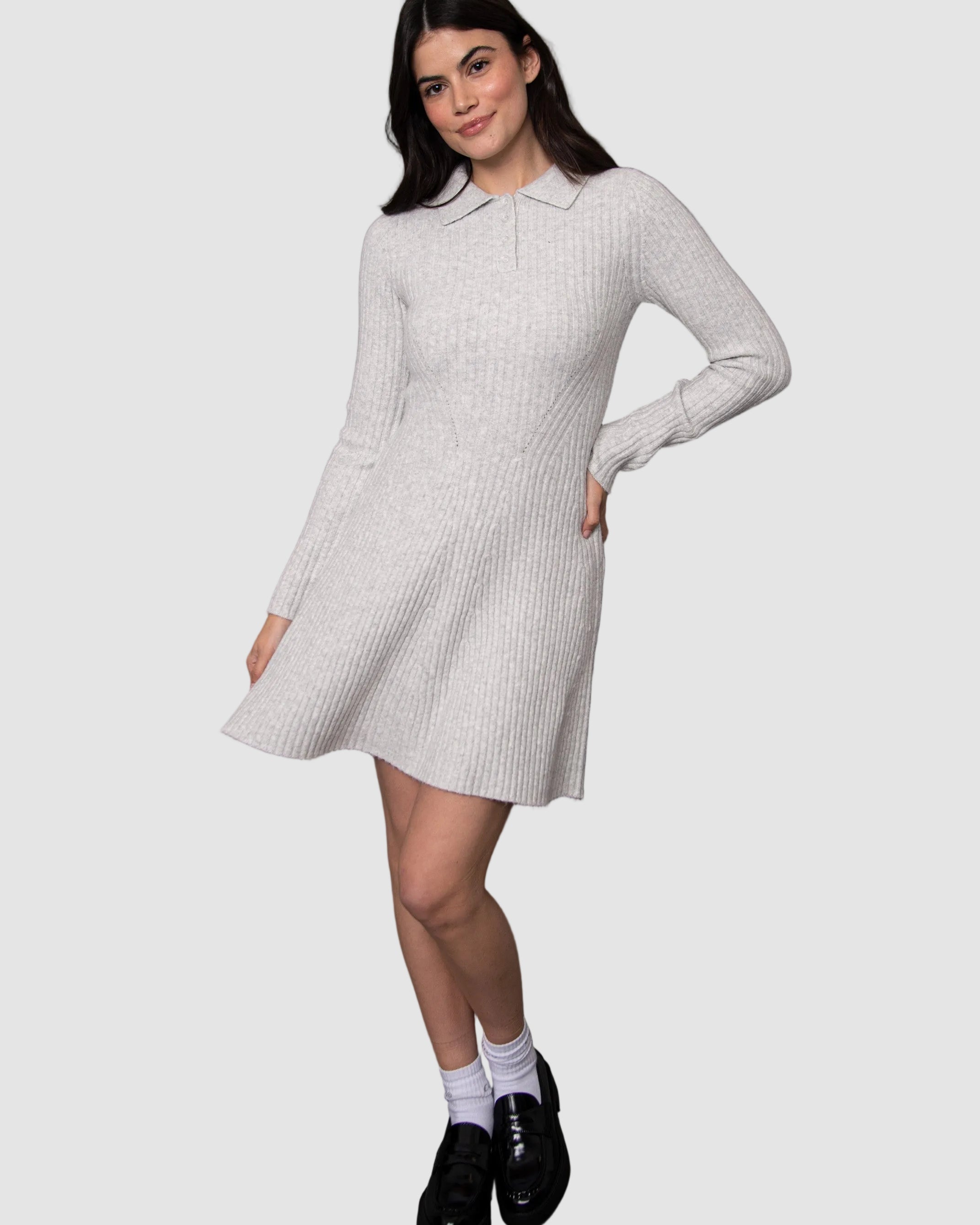 POPPAEA FIT + FLARE POLO SWEATER DRESS - LIGHT GREY