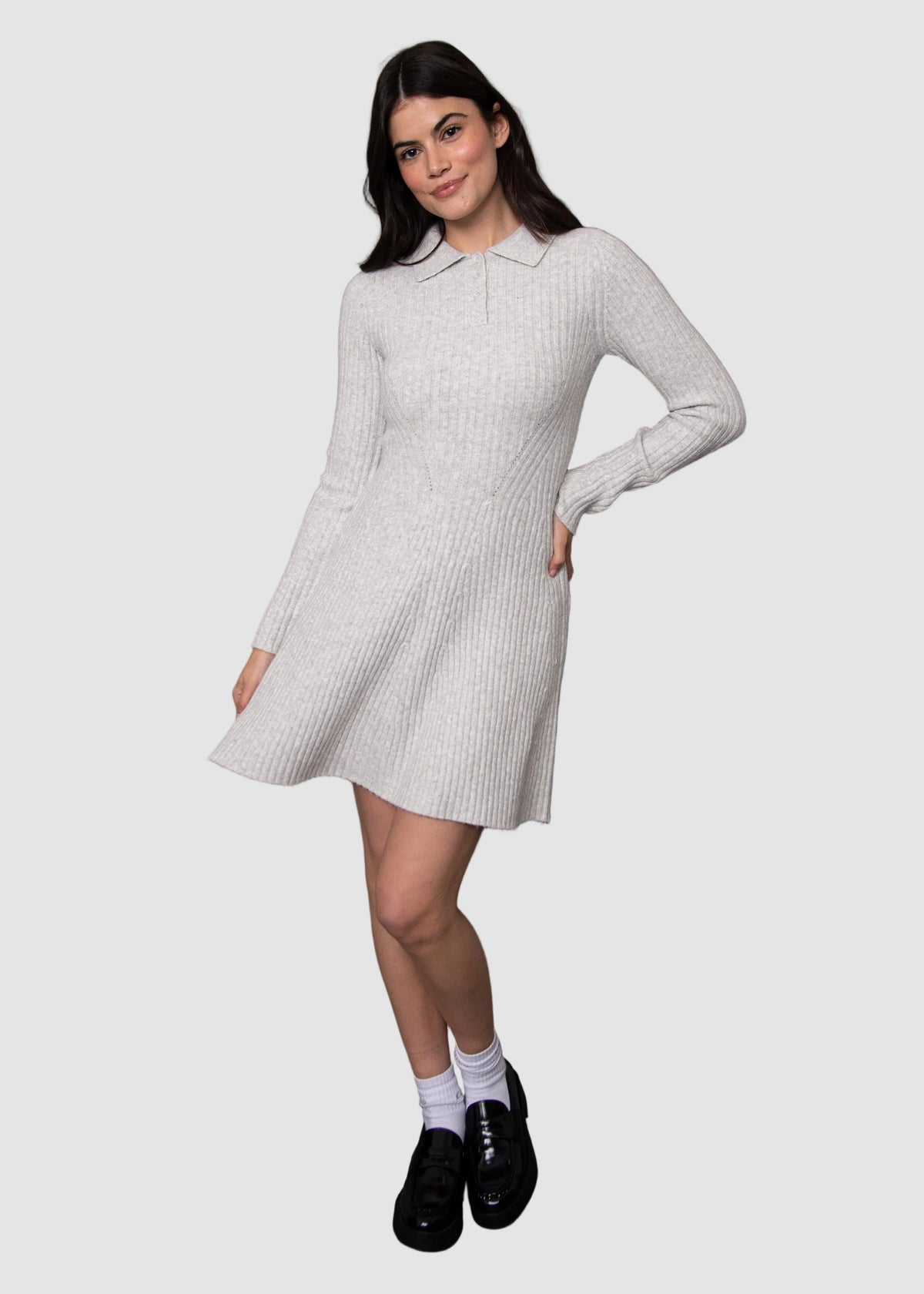 POPPAEA FIT + FLARE POLO SWEATER DRESS - LIGHT GREY