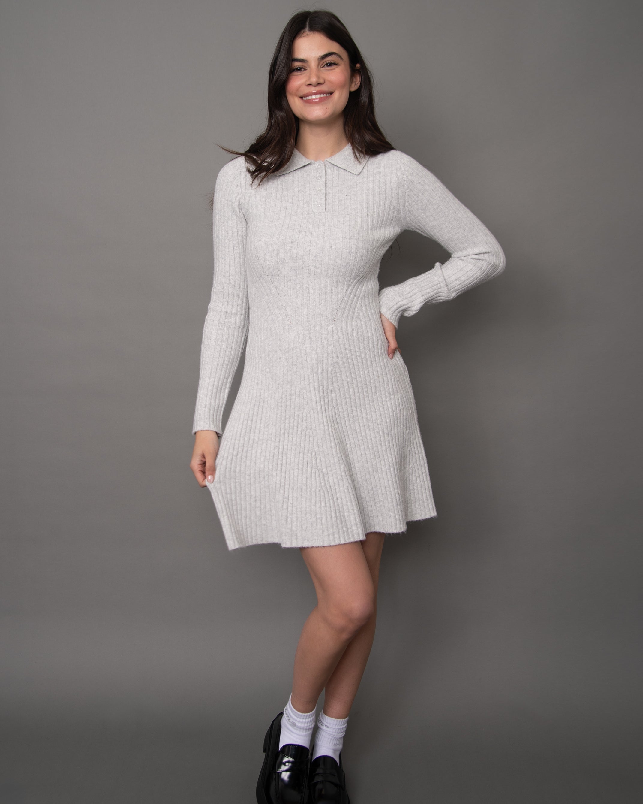 POPPAEA FIT + FLARE POLO SWEATER DRESS - LIGHT GREY