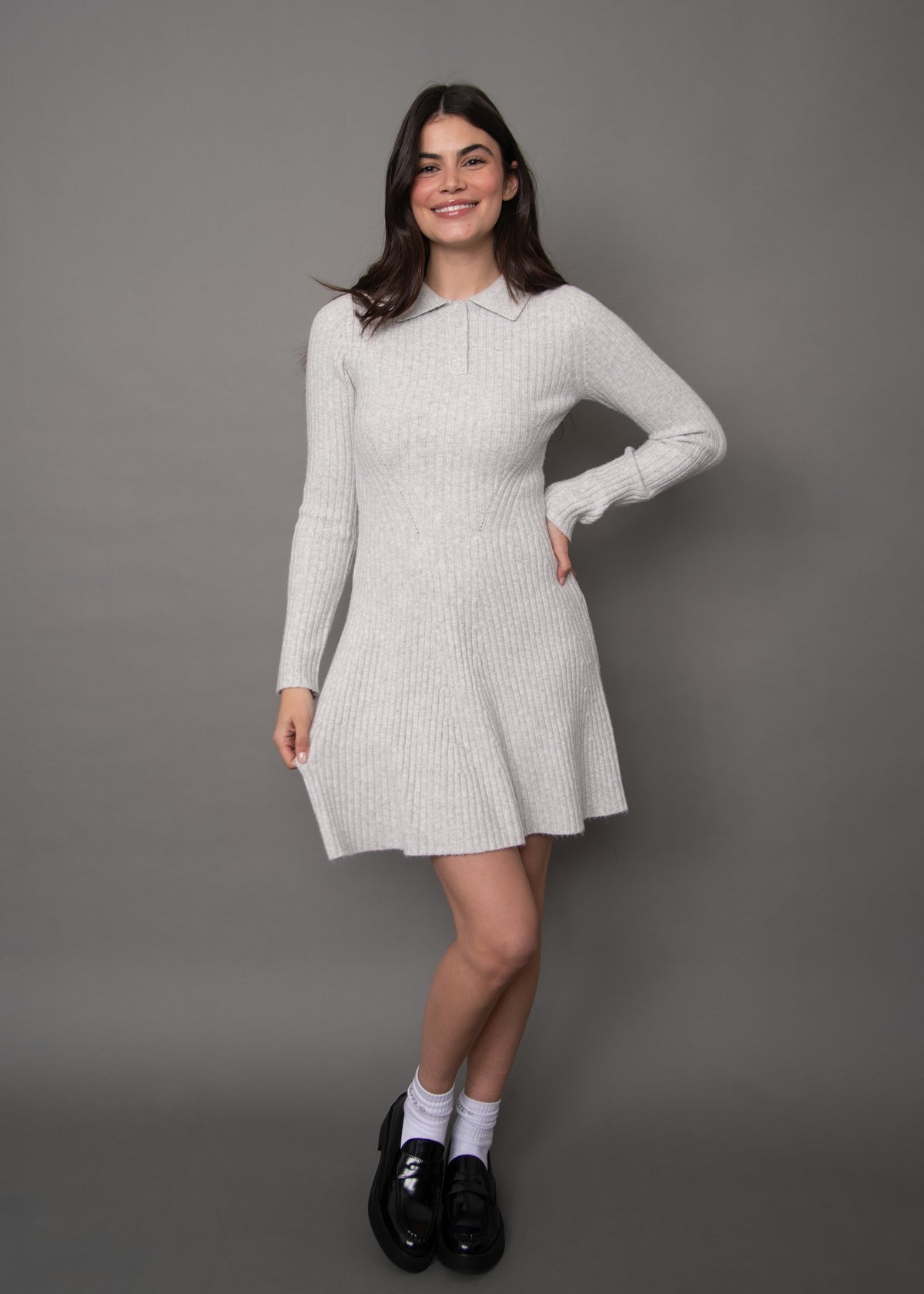 POPPAEA FIT + FLARE POLO SWEATER DRESS - LIGHT GREY