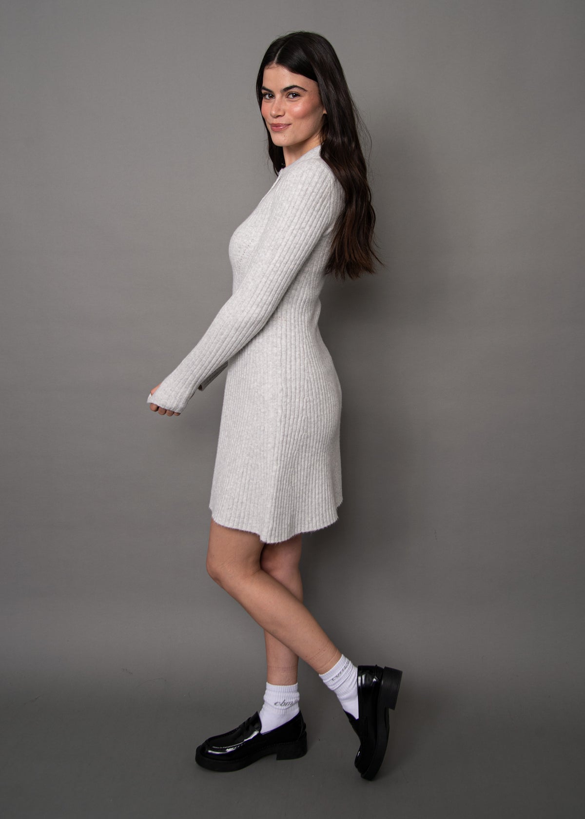 POPPAEA FIT + FLARE POLO SWEATER DRESS - LIGHT GREY