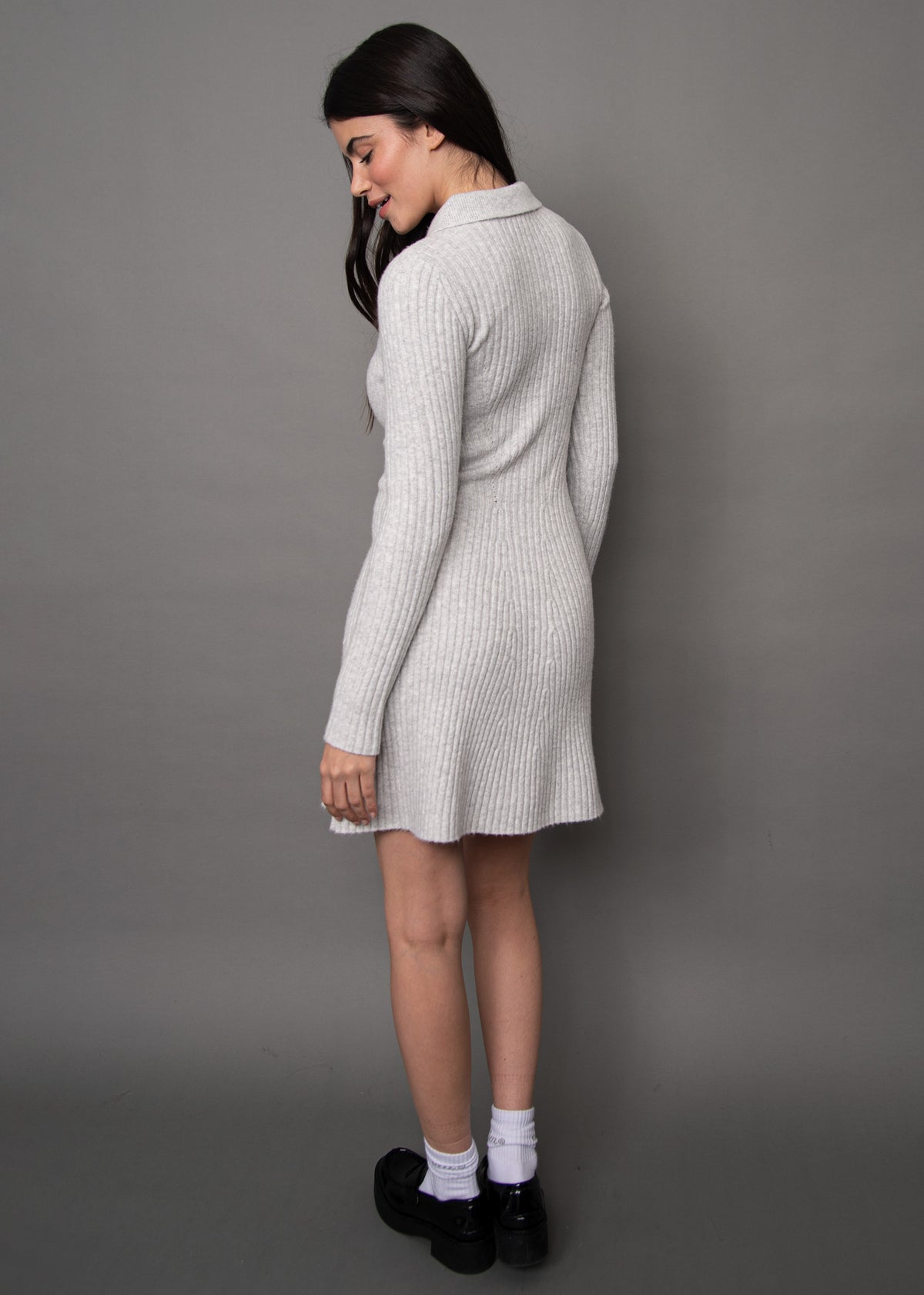POPPAEA FIT + FLARE POLO SWEATER DRESS - LIGHT GREY