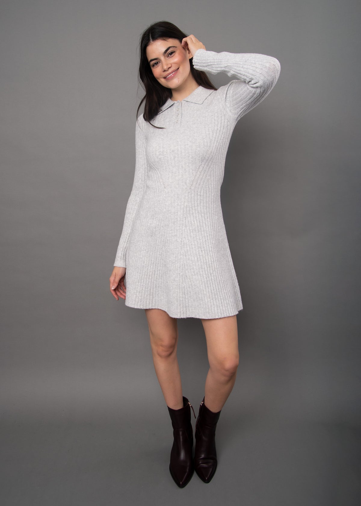 POPPAEA FIT + FLARE POLO SWEATER DRESS - LIGHT GREY