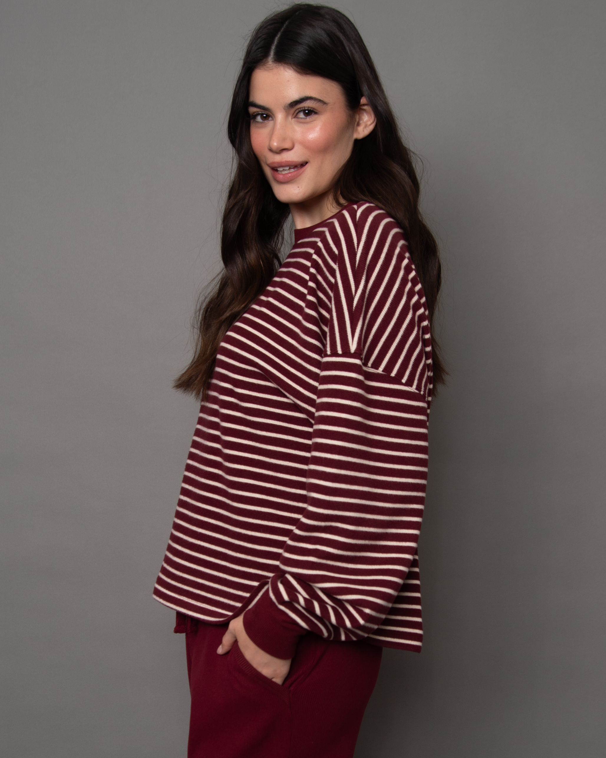 COLBERT STRIPED COZY WAFFLE LS - DEEP RED