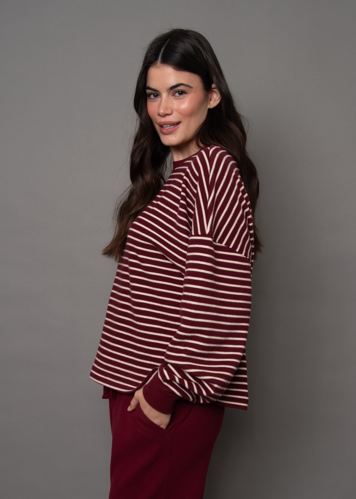 COLBERT STRIPED COZY WAFFLE LS - DEEP RED