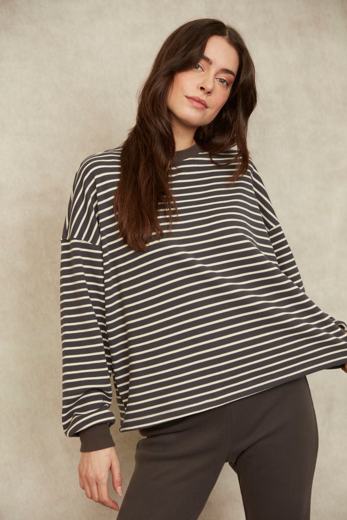 COLBERT STRIPED COZY WAFFLE LS - COAL
