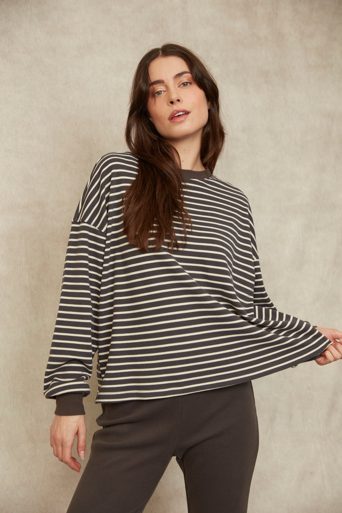 COLBERT STRIPED COZY WAFFLE LS - COAL