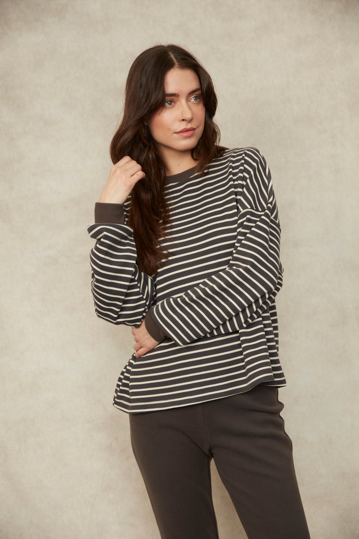 COLBERT STRIPED COZY WAFFLE LS - COAL