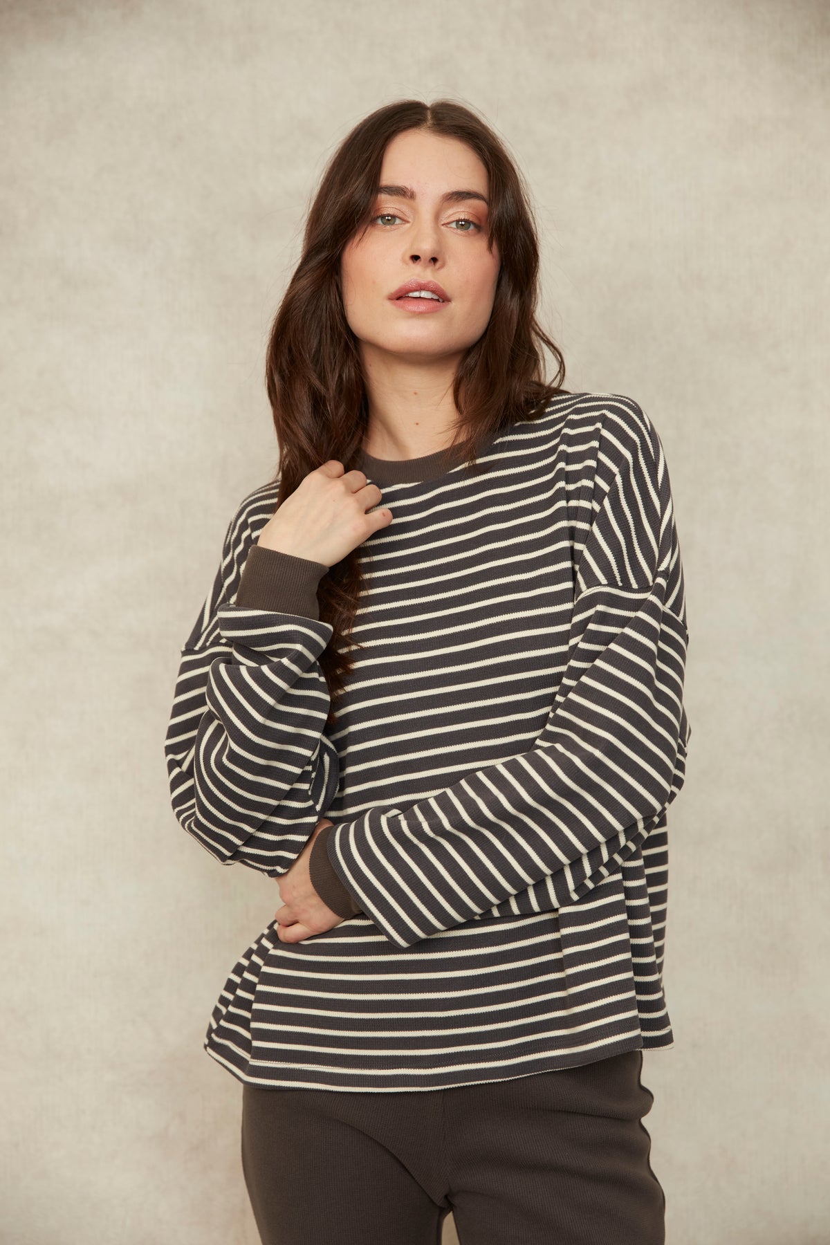 COLBERT STRIPED COZY WAFFLE LS - COAL