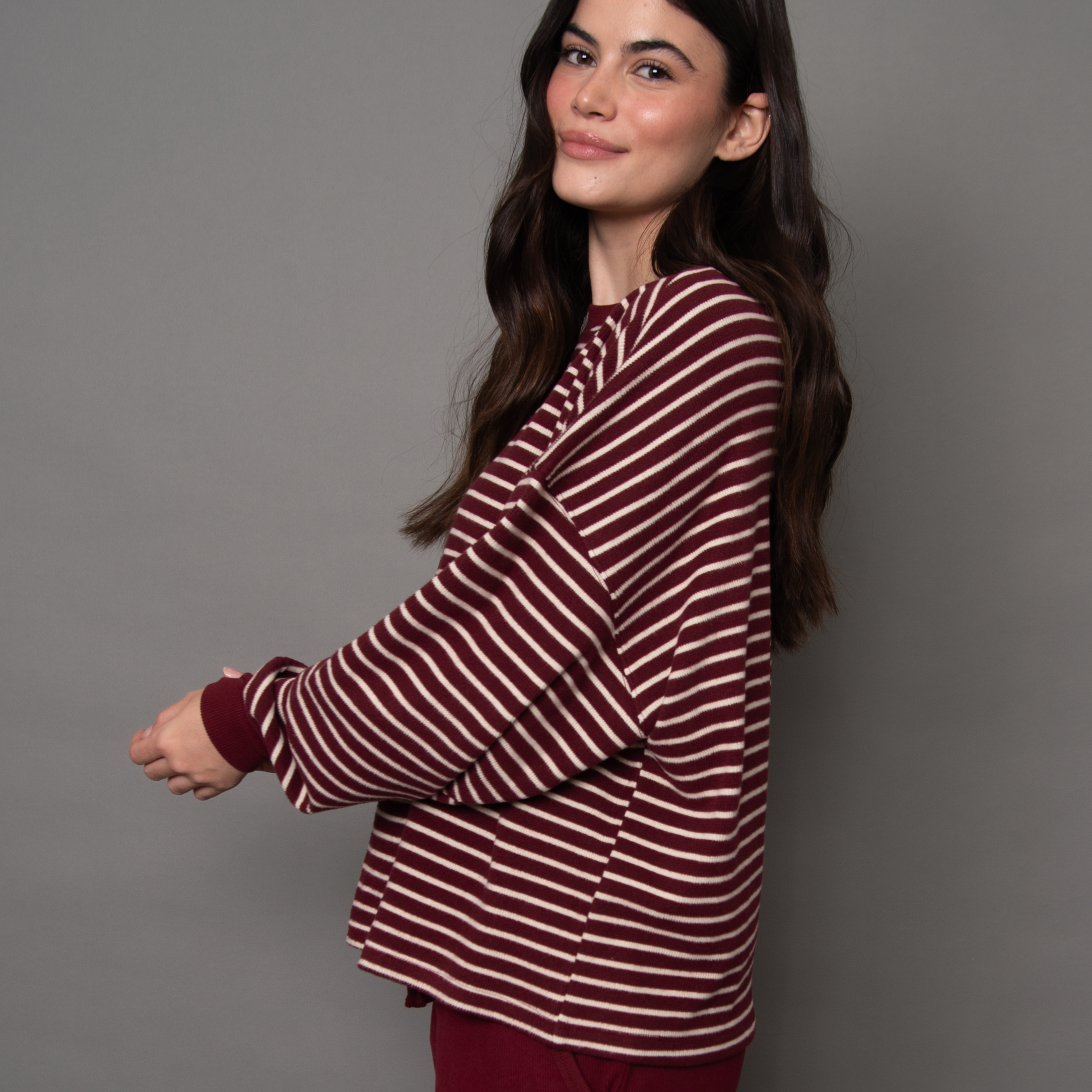 COLBERT STRIPED COZY WAFFLE LS - DEEP RED