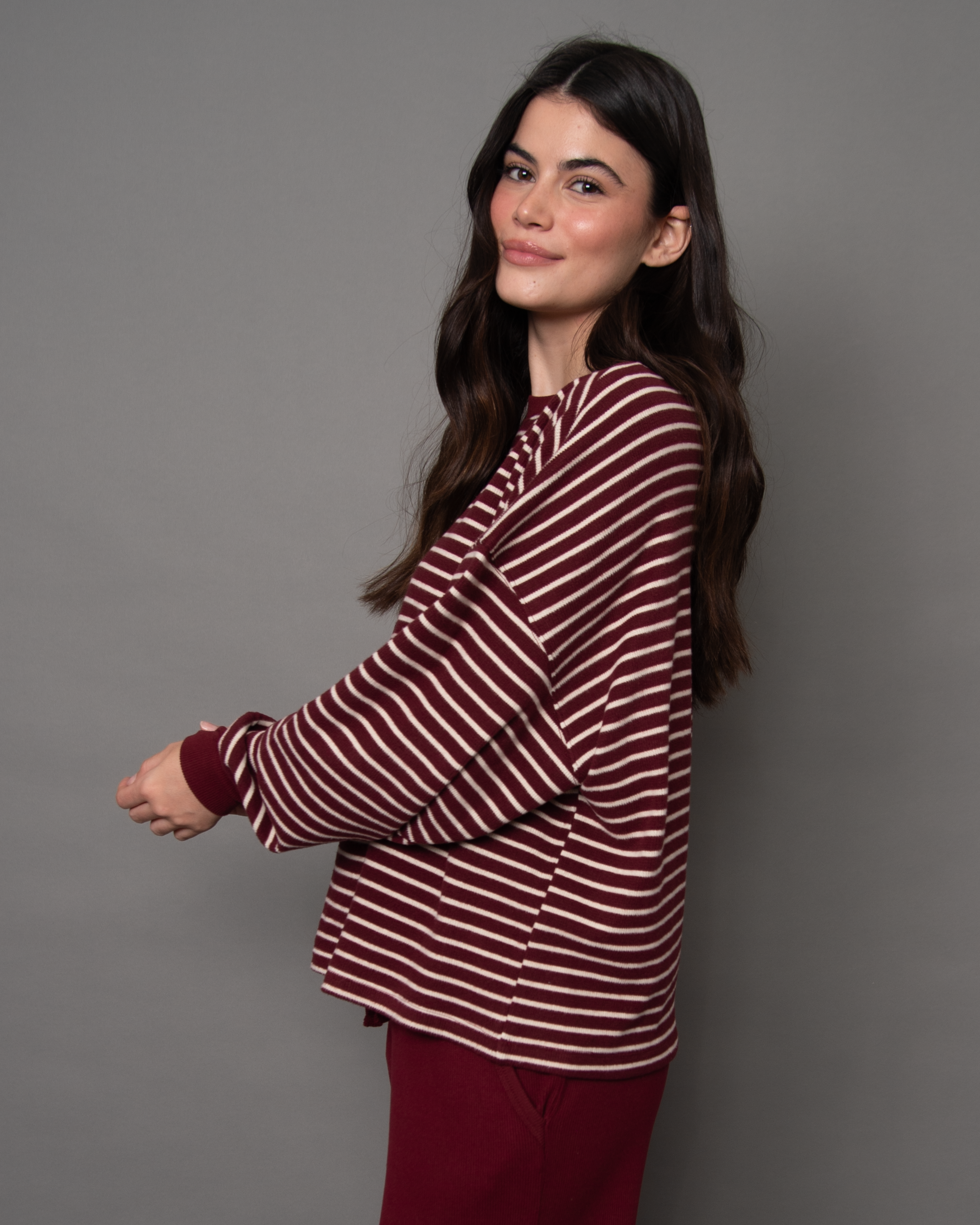 COLBERT STRIPED COZY WAFFLE LS - DEEP RED