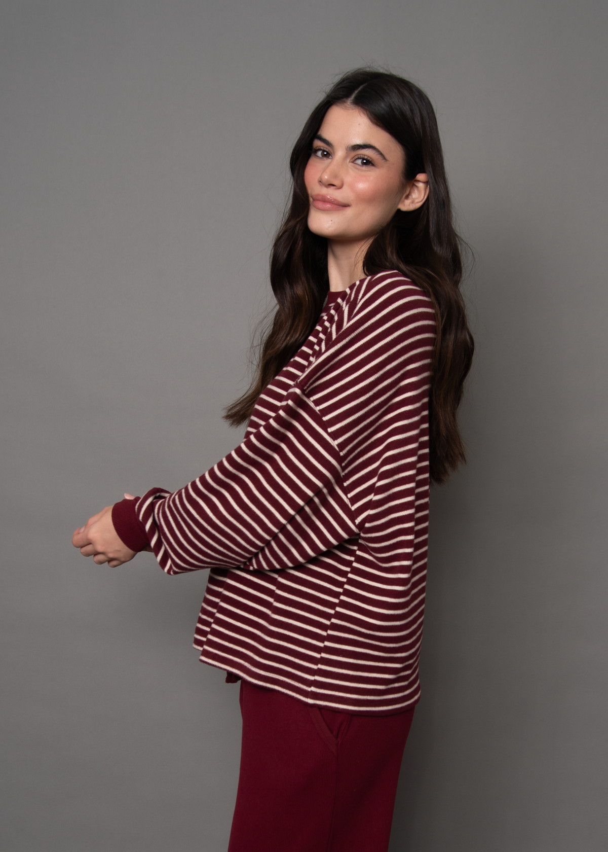 COLBERT STRIPED COZY WAFFLE LS - DEEP RED