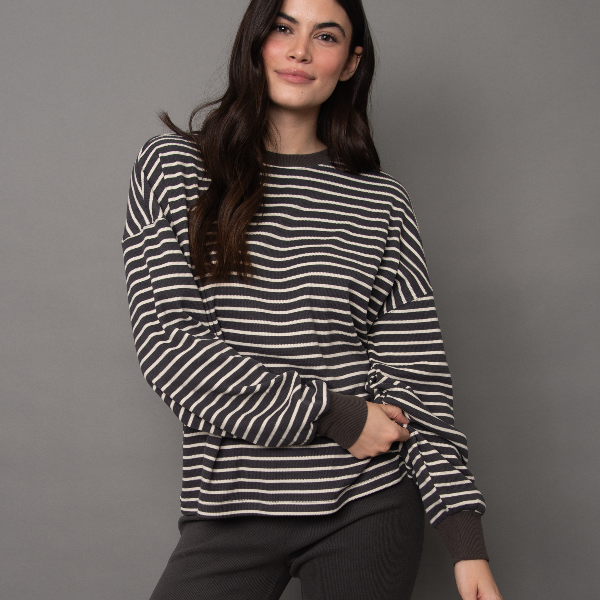 COLBERT STRIPED COZY WAFFLE LS - COAL