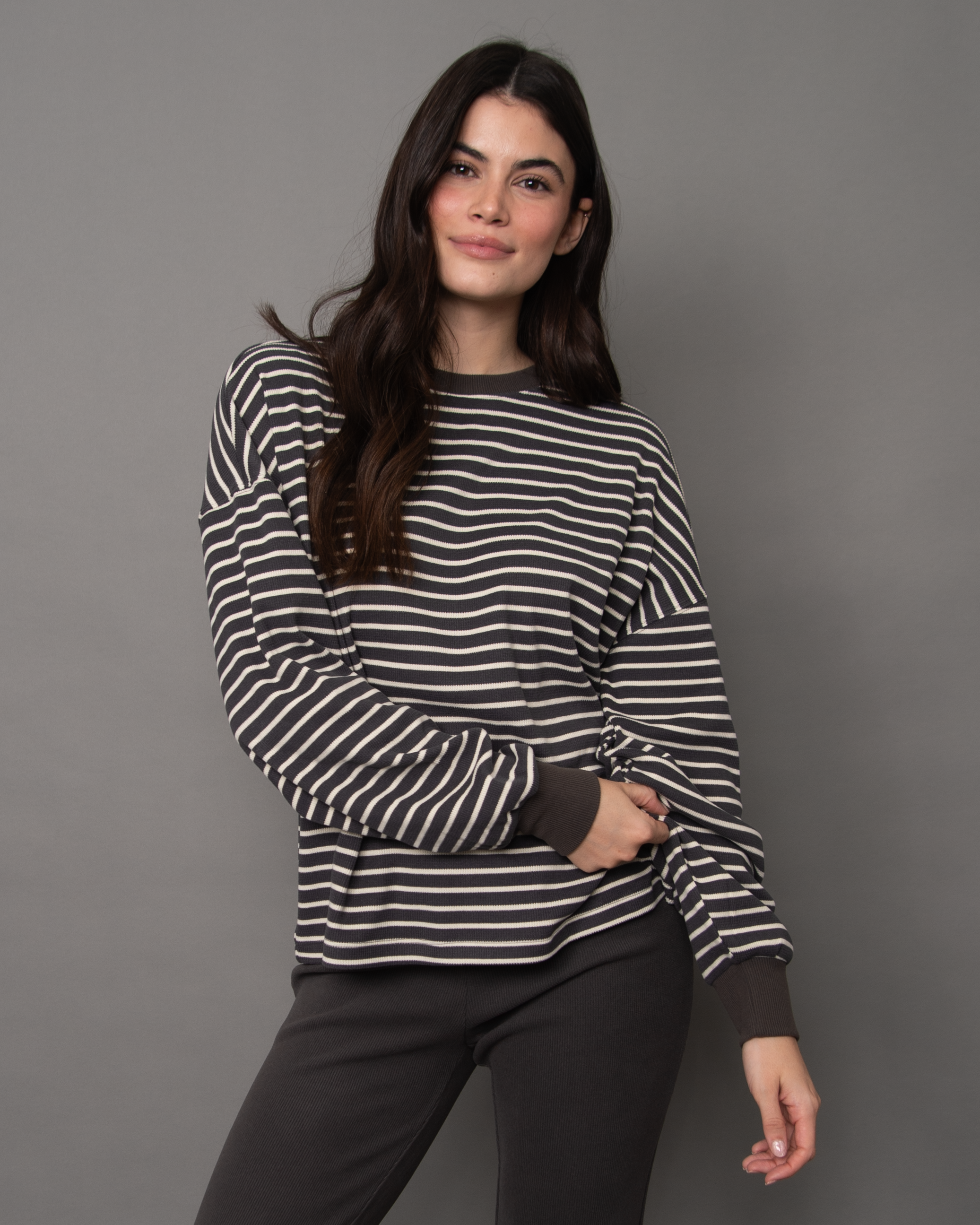 COLBERT STRIPED COZY WAFFLE LS - COAL