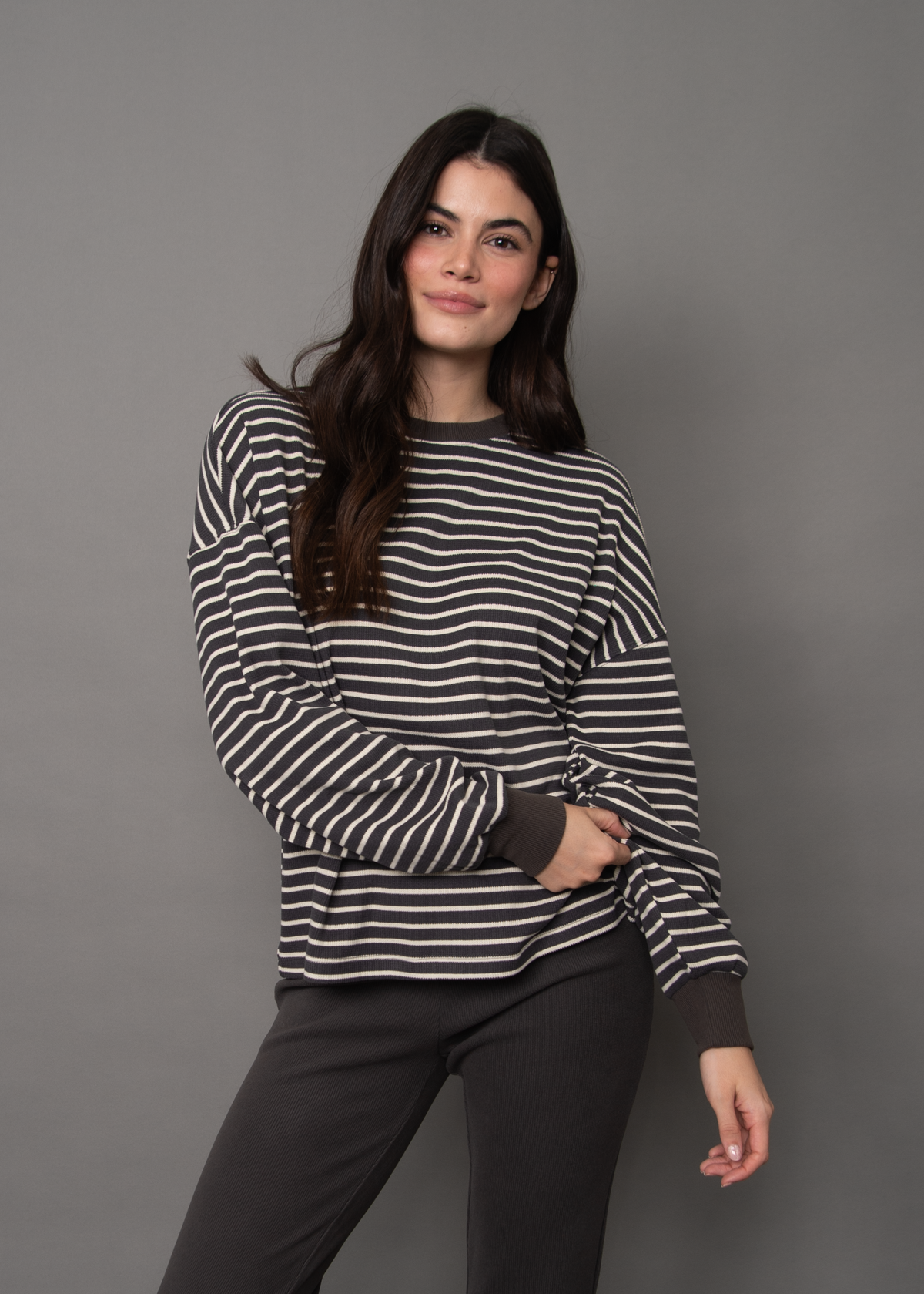 COLBERT STRIPED COZY WAFFLE LS - COAL