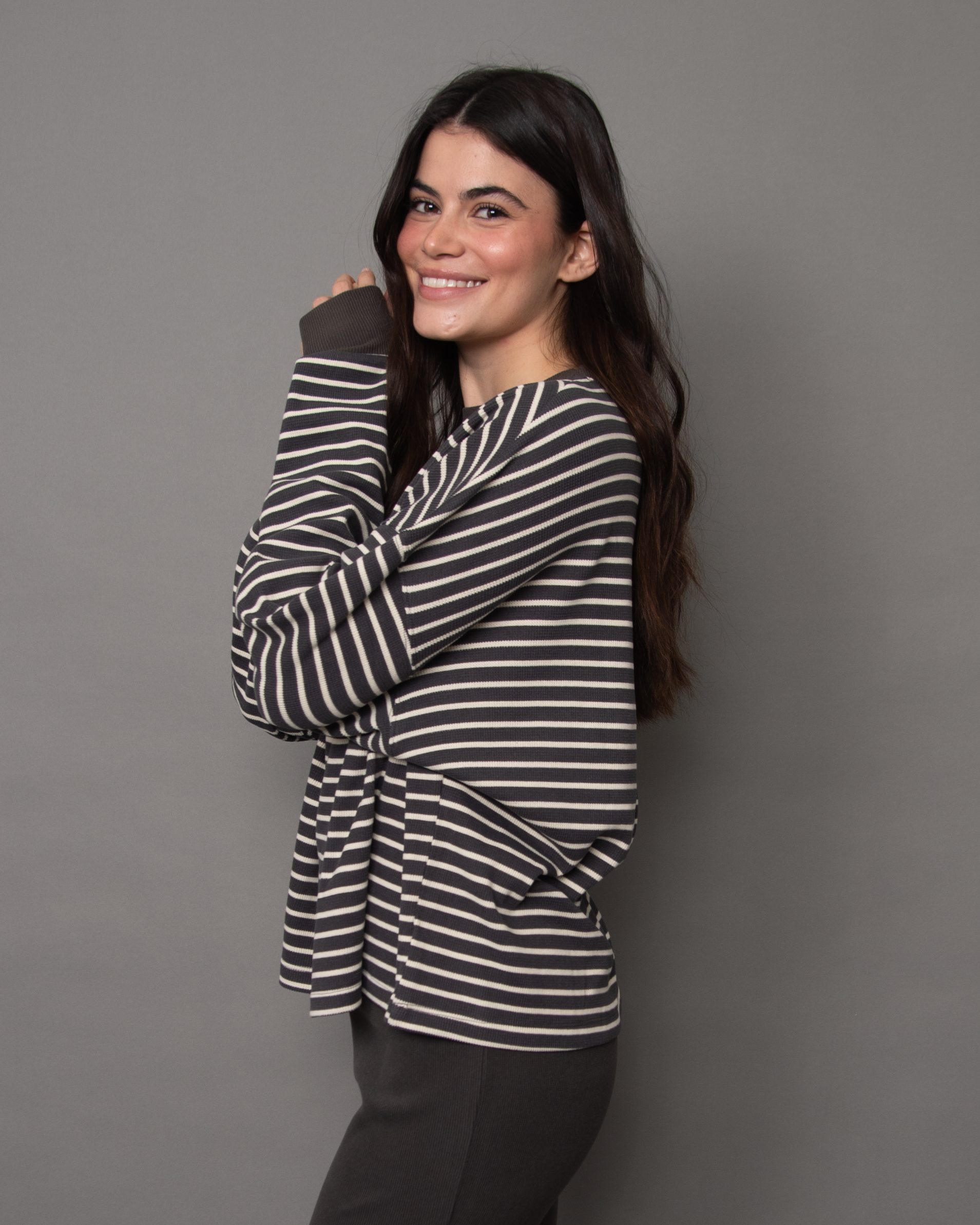 COLBERT STRIPED COZY WAFFLE LS - COAL
