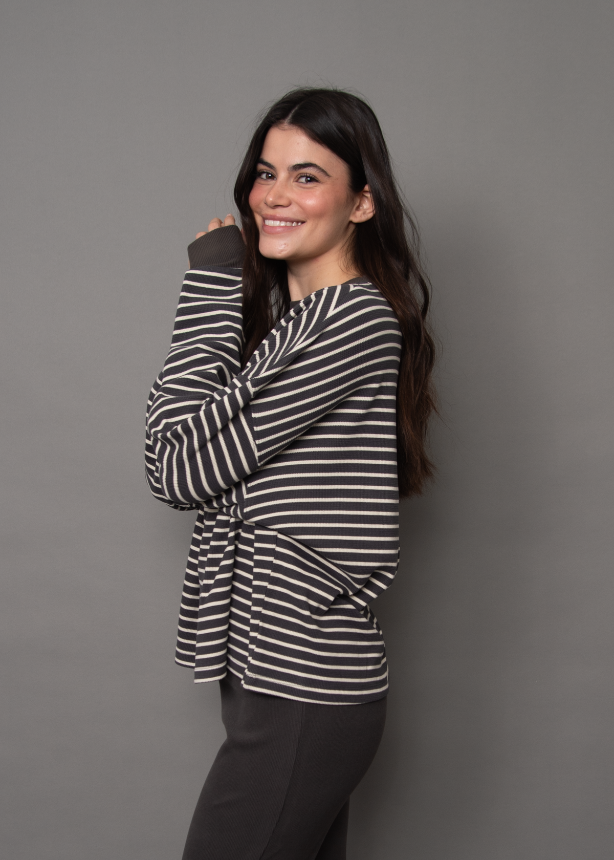 COLBERT STRIPED COZY WAFFLE LS - COAL