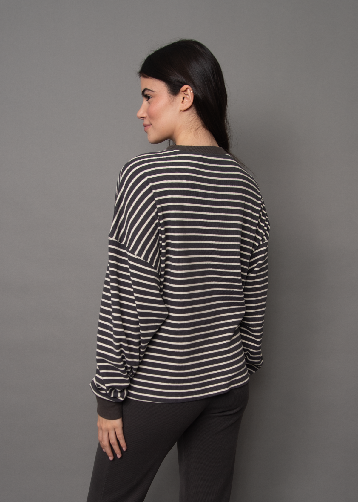 COLBERT STRIPED COZY WAFFLE LS - COAL