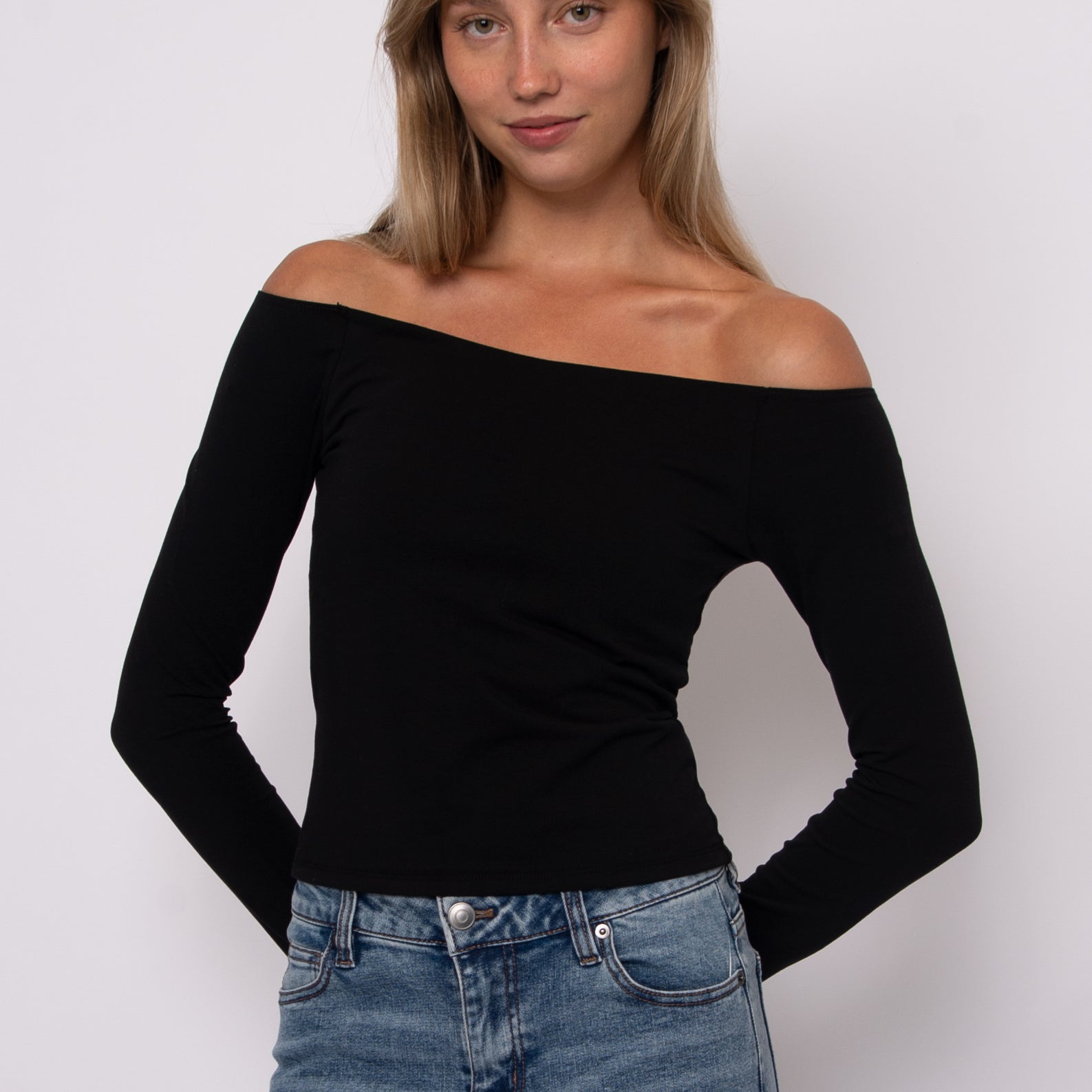 ORALIE COTTON CORE LS OFF SHOULDER TOP - BLACK