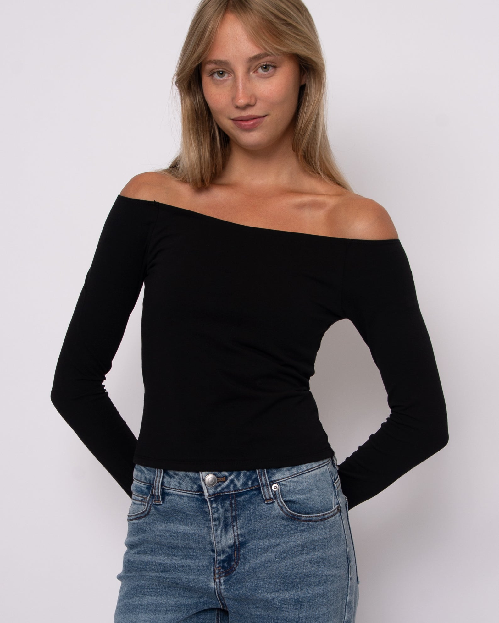 ORALIE COTTON CORE LS OFF SHOULDER TOP - BLACK
