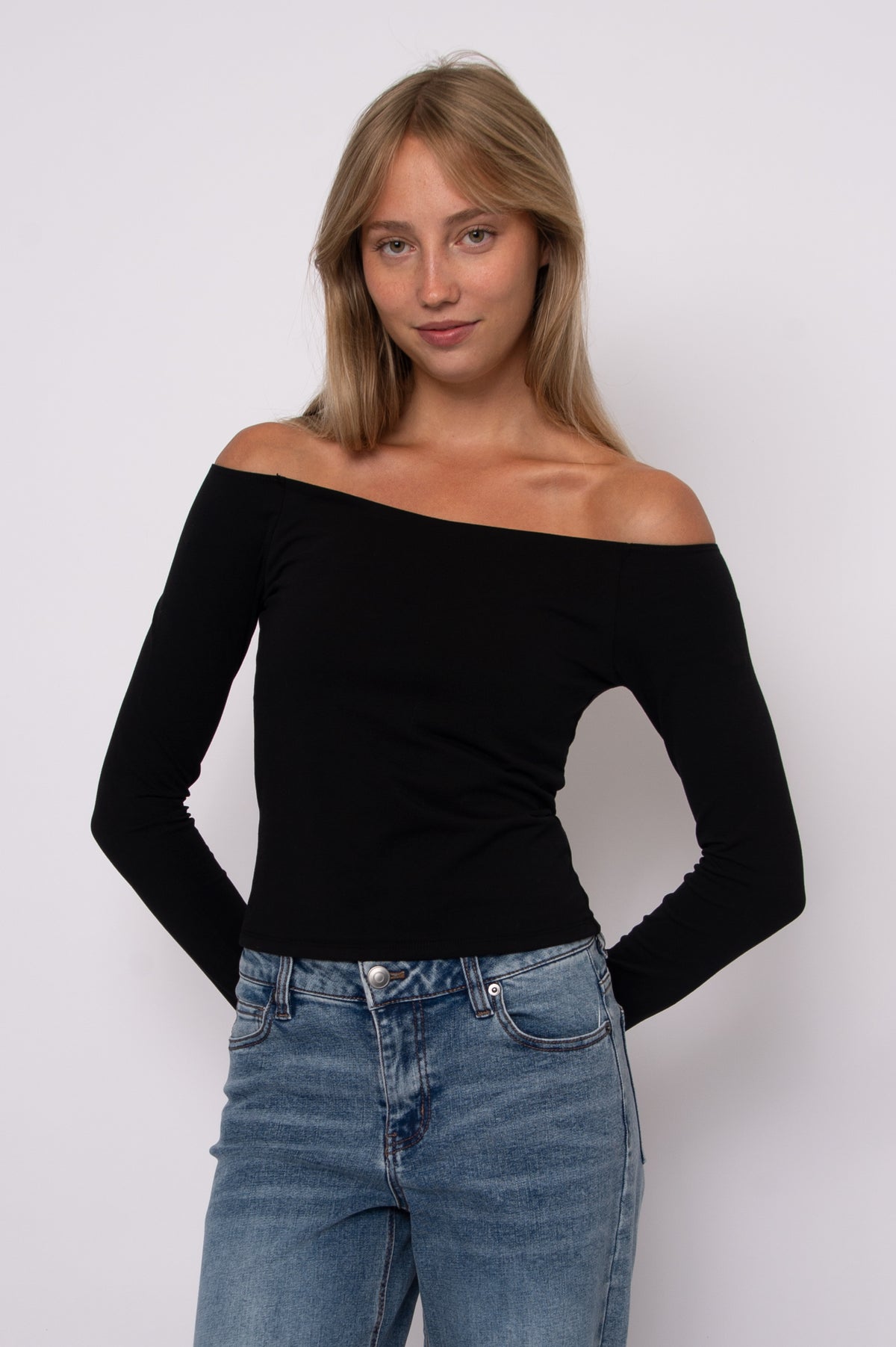 ORALIE COTTON CORE LS OFF SHOULDER TOP - BLACK