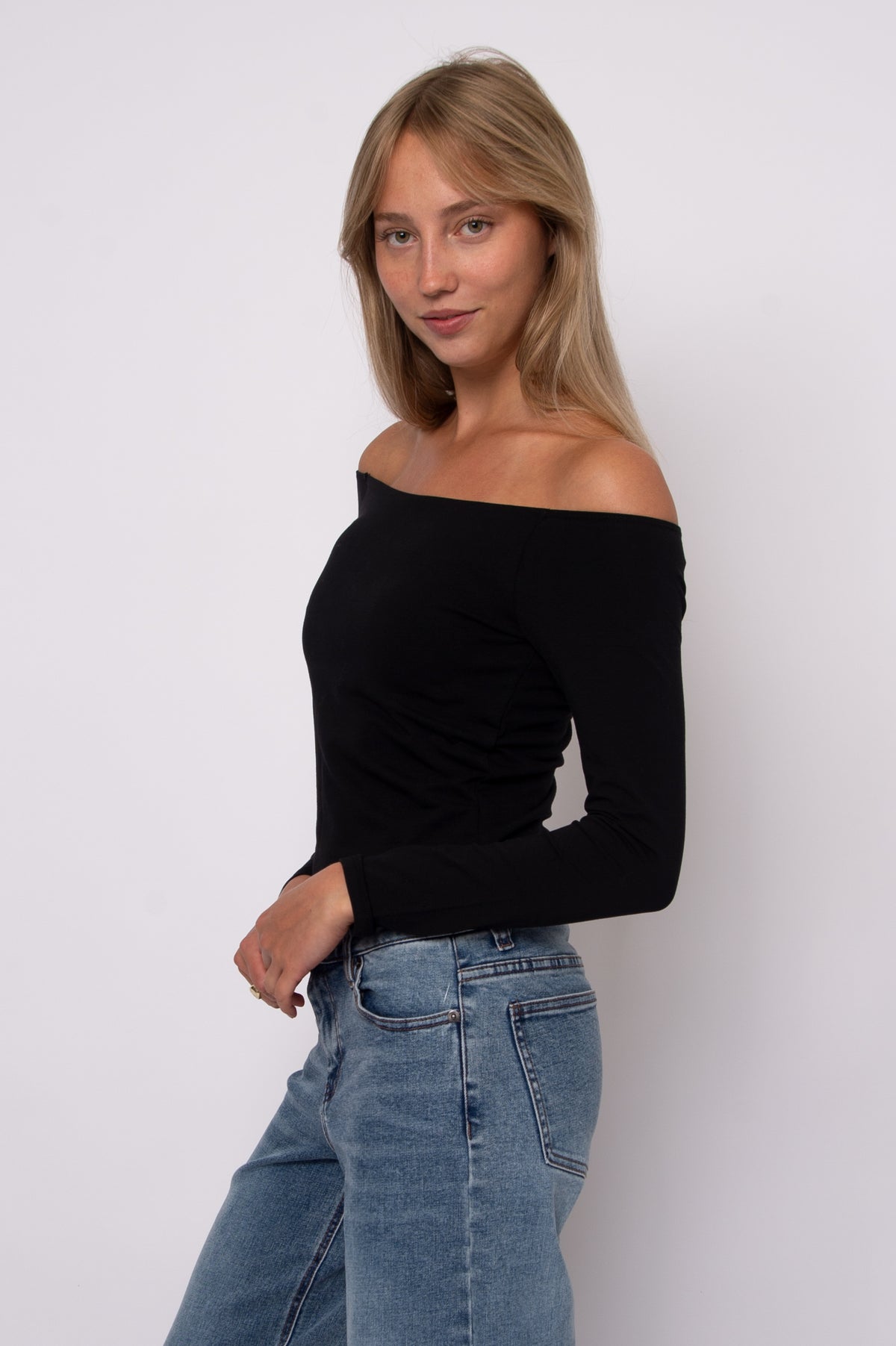 ORALIE COTTON CORE LS OFF SHOULDER TOP - BLACK