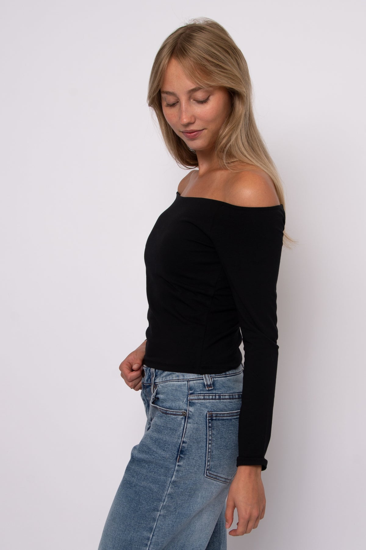 ORALIE COTTON CORE LS OFF SHOULDER TOP - BLACK