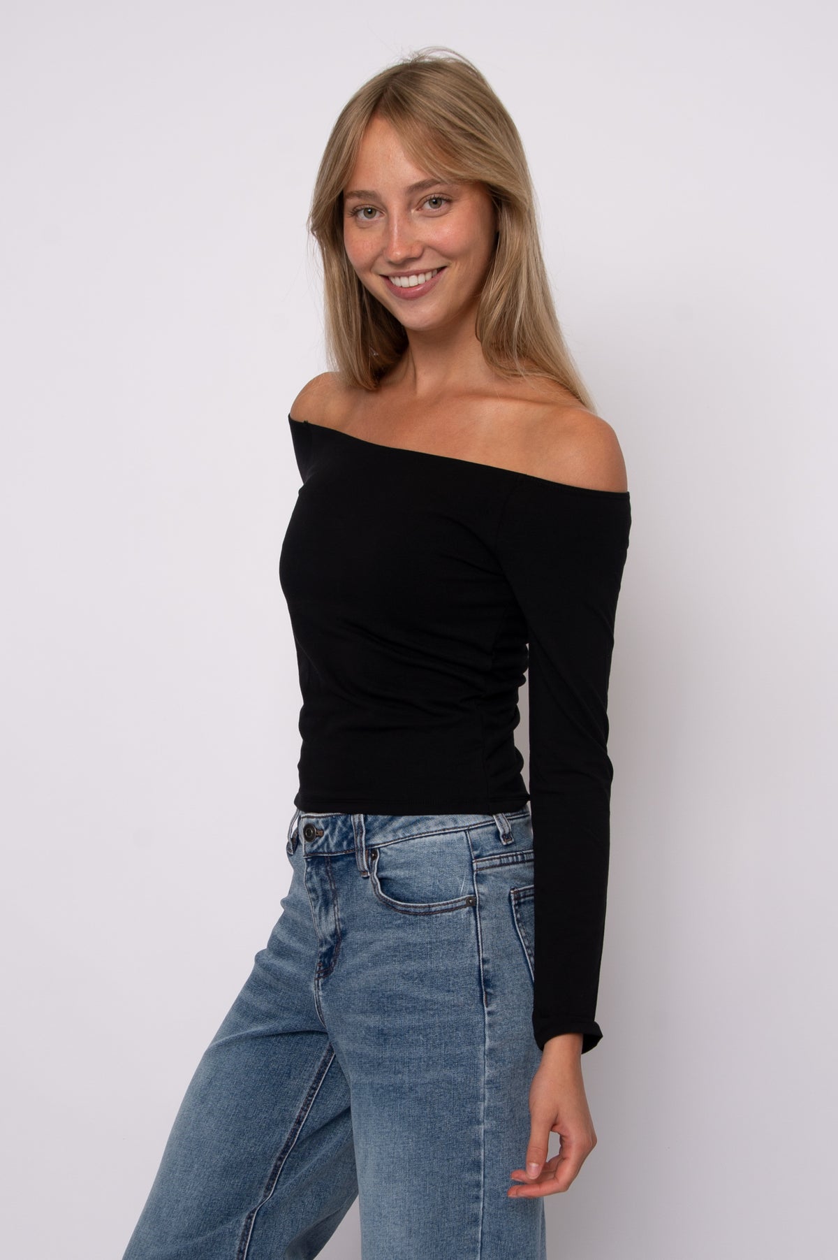 ORALIE COTTON CORE LS OFF SHOULDER TOP - BLACK