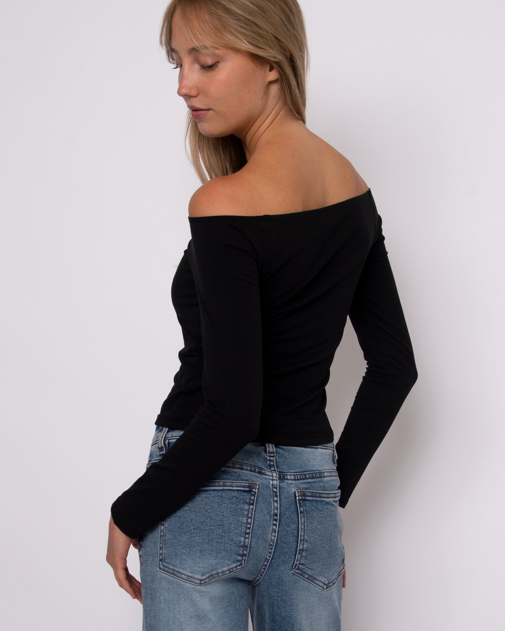 ORALIE COTTON CORE LS OFF SHOULDER TOP - BLACK