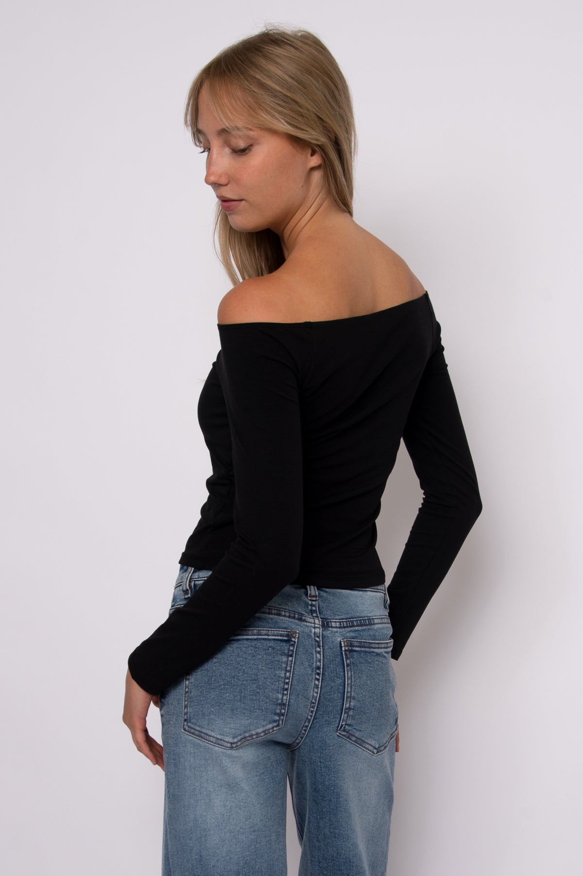 ORALIE COTTON CORE LS OFF SHOULDER TOP - BLACK