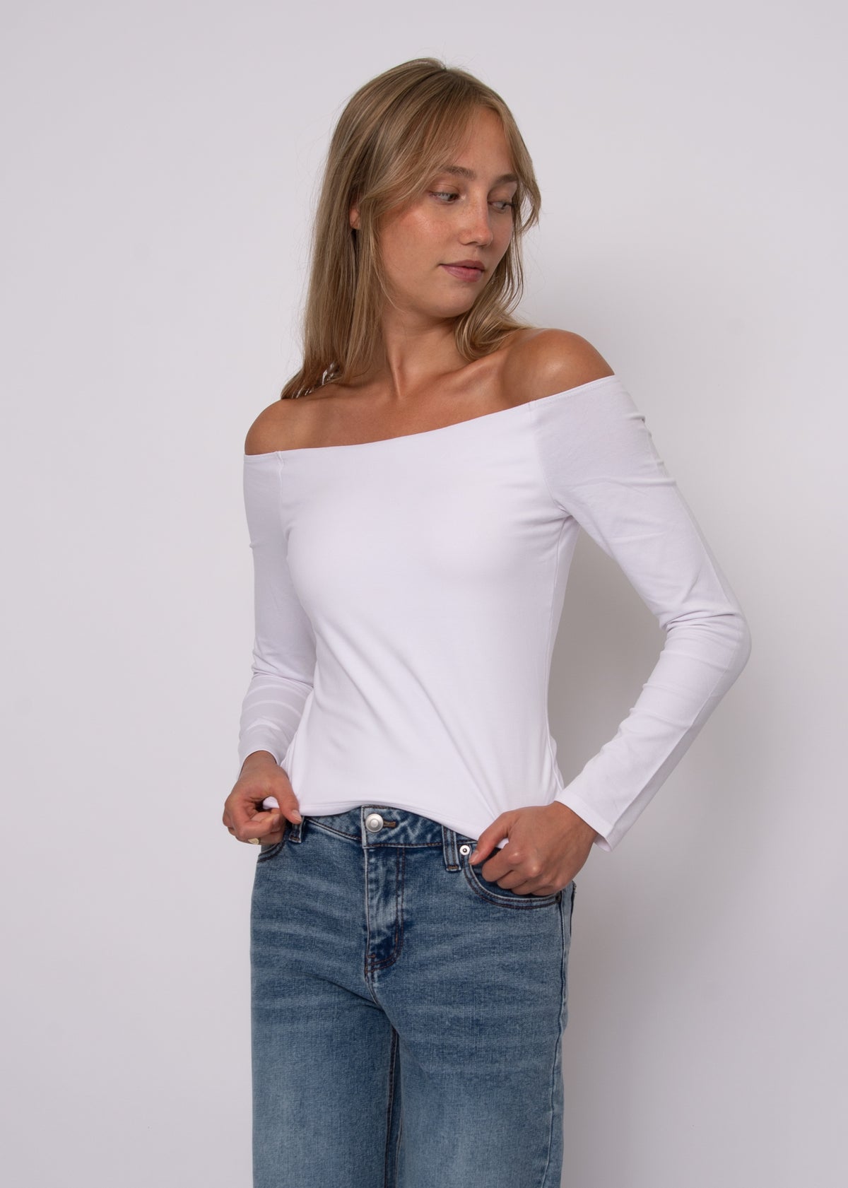 ORALIE COTTON CORE LS OFF SHOULDER TOP - WHITE