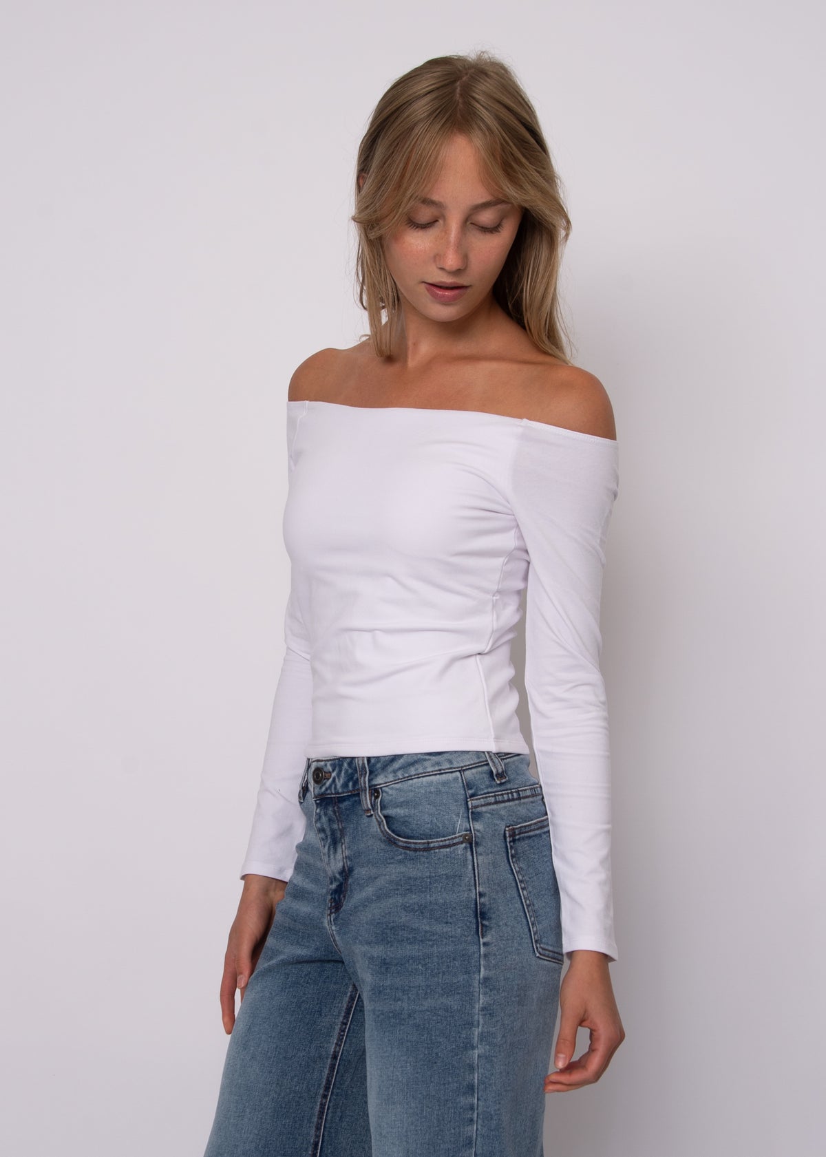 ORALIE COTTON CORE LS OFF SHOULDER TOP - WHITE