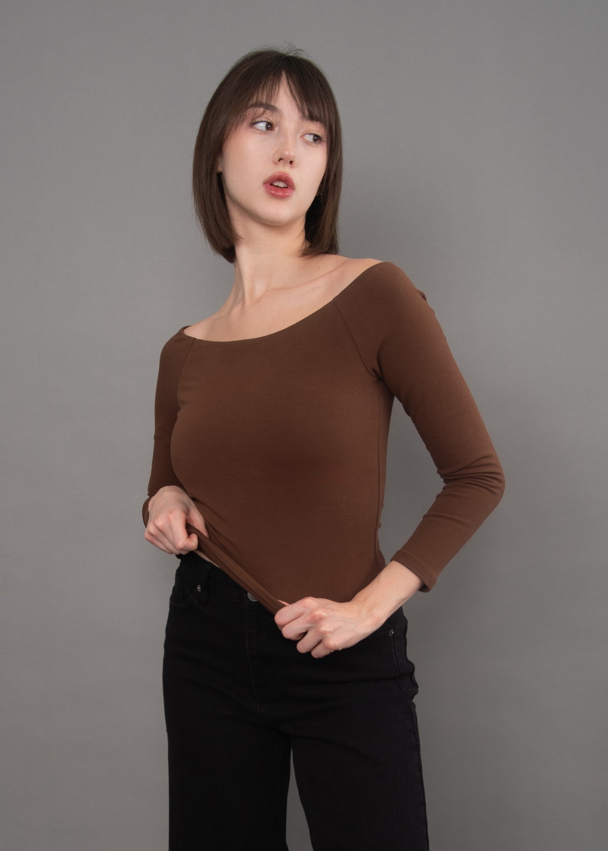 ORALIE COTTON CORE LS OFF SHOULDER TOP - MAHOGANY