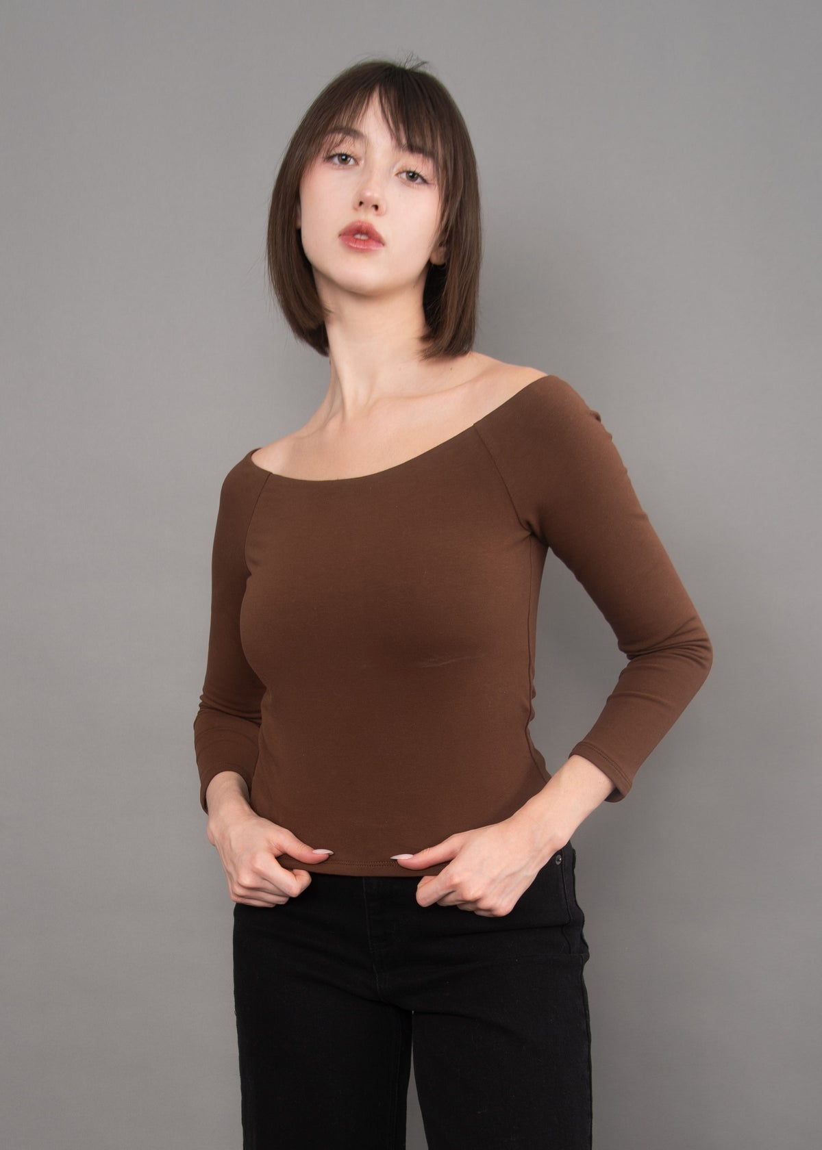 ORALIE COTTON CORE LS OFF SHOULDER TOP - MAHOGANY