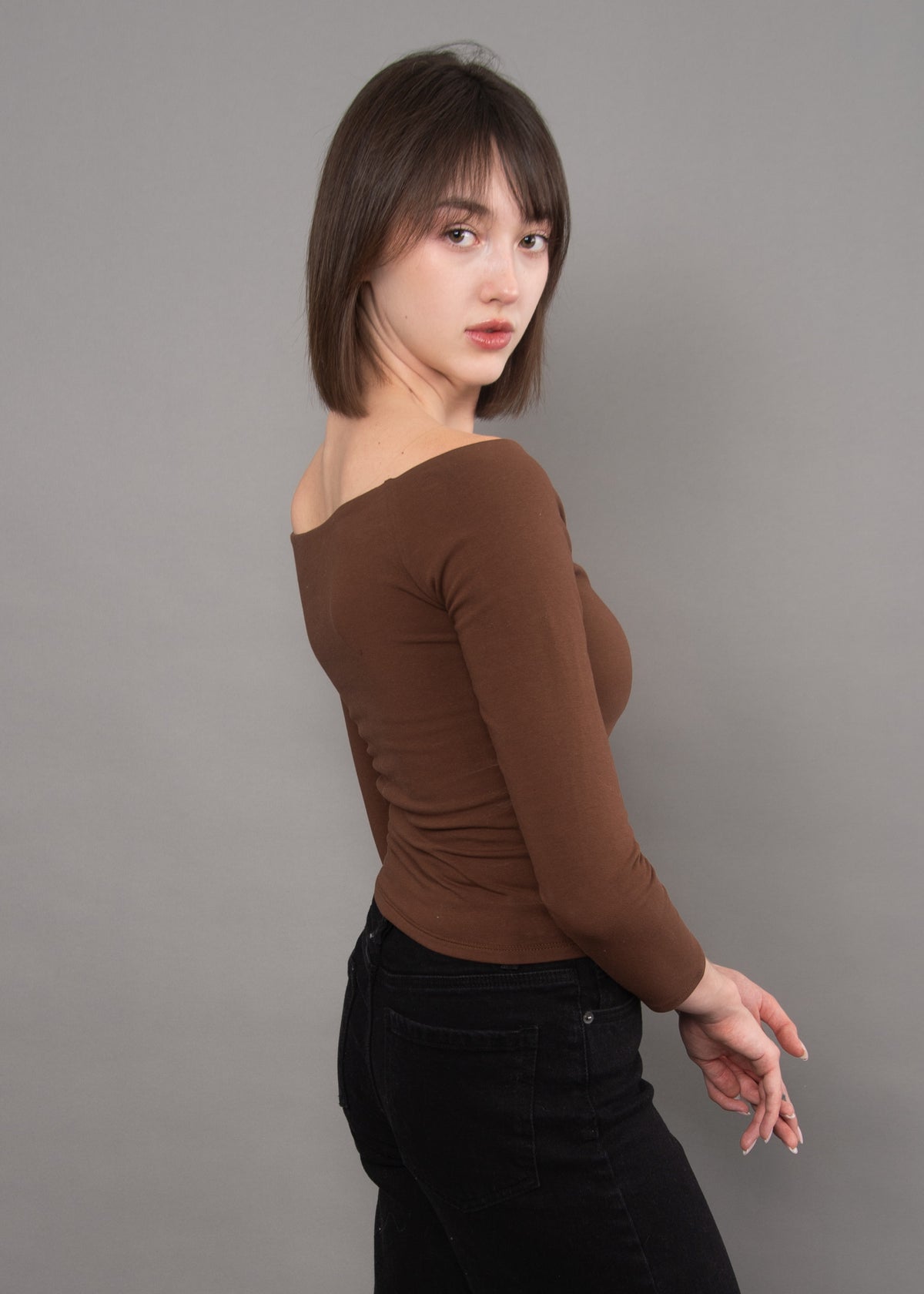 ORALIE COTTON CORE LS OFF SHOULDER TOP - MAHOGANY