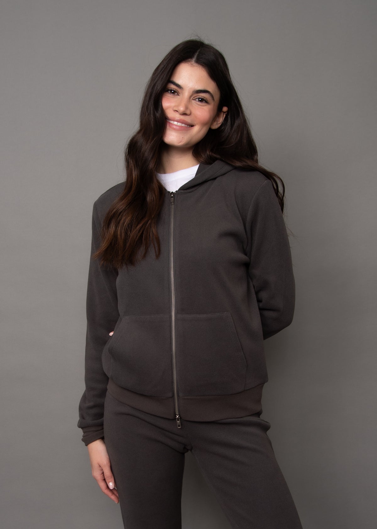 HESTA COZY WAFFLE LS ZIP UP HOODY - COAL