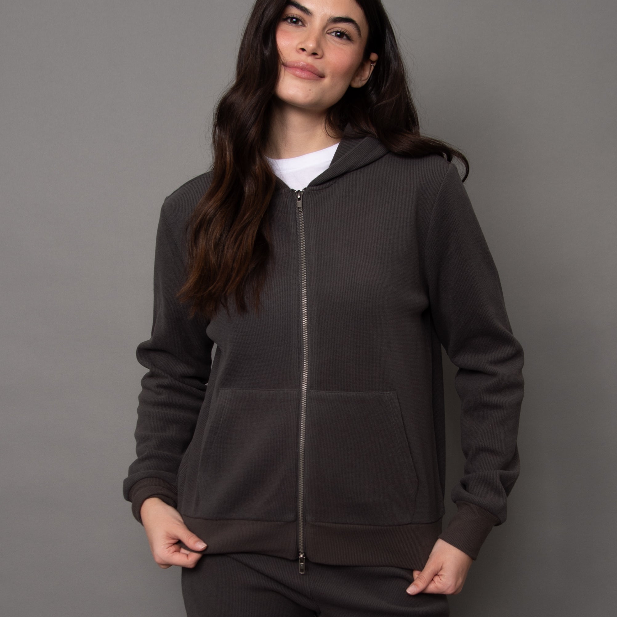HESTA COZY WAFFLE LS ZIP UP HOODY - COAL