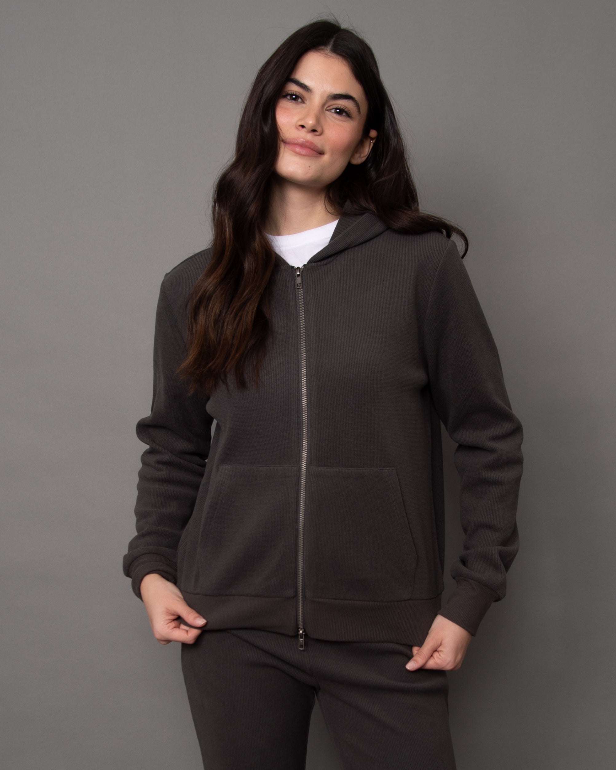 HESTA COZY WAFFLE LS ZIP UP HOODY - COAL