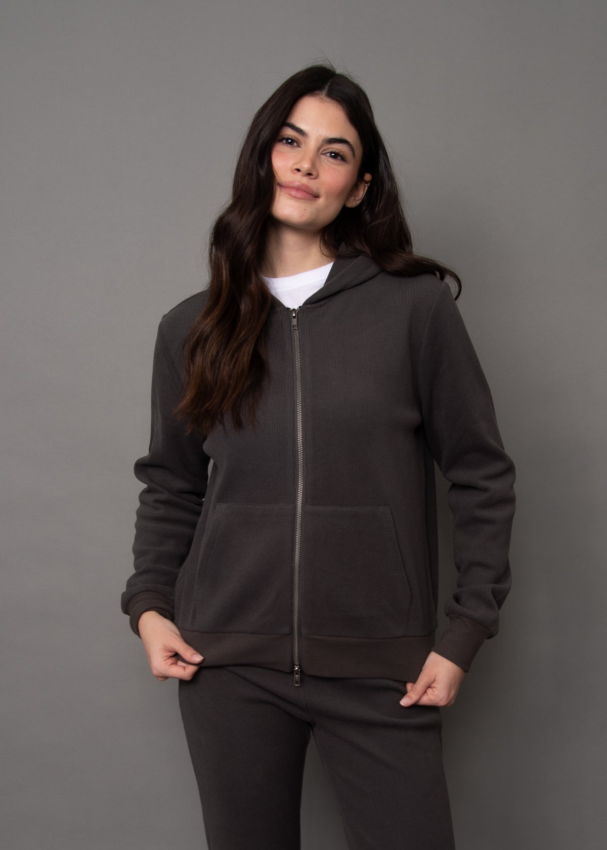 HESTA COZY WAFFLE LS ZIP UP HOODY - COAL