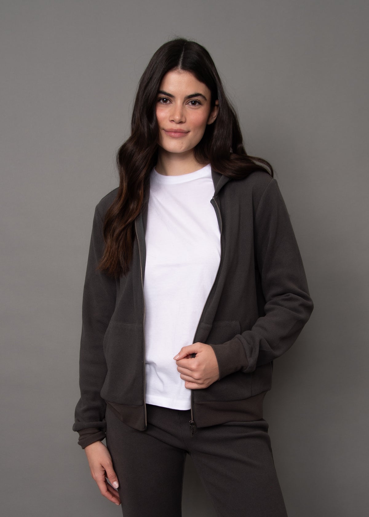 HESTA COZY WAFFLE LS ZIP UP HOODY - COAL