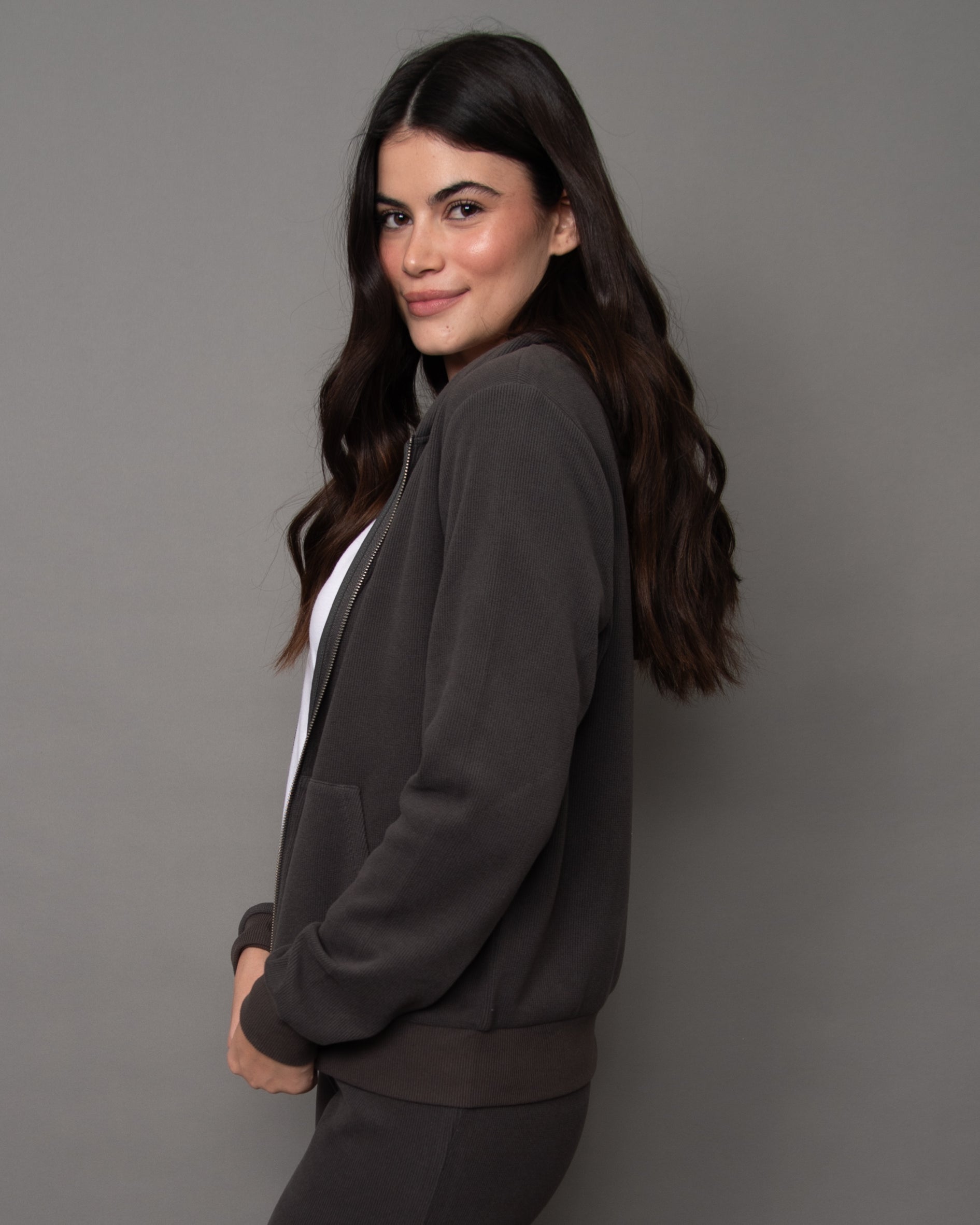 HESTA COZY WAFFLE LS ZIP UP HOODY - COAL