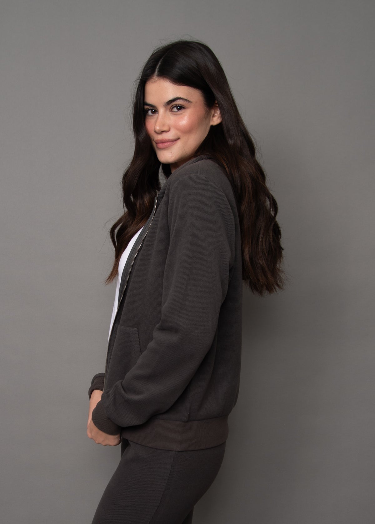 HESTA COZY WAFFLE LS ZIP UP HOODY - COAL