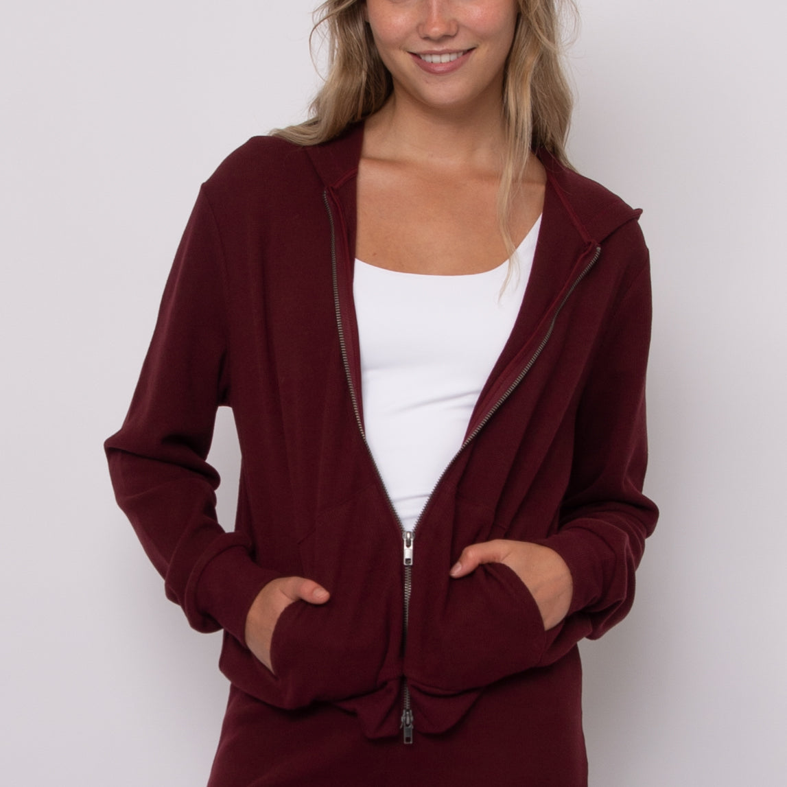 HESTA COZY WAFFLE LS ZIP UP HOODY - DEEP RED