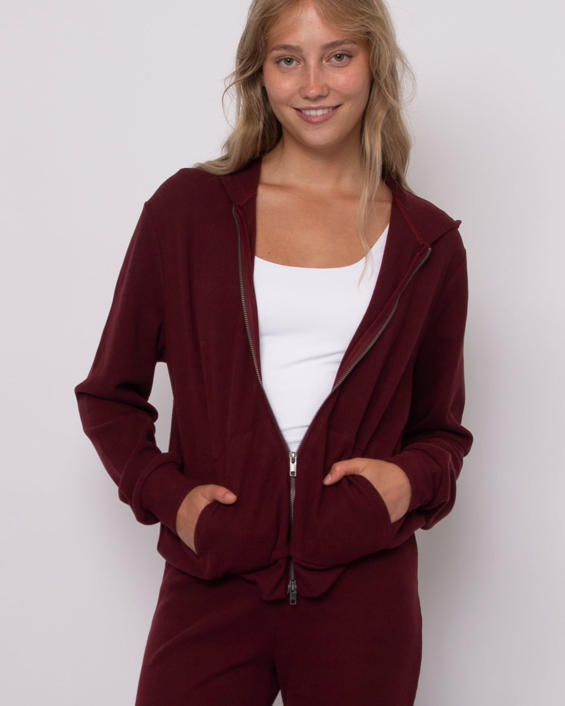 HESTA COZY WAFFLE LS ZIP UP HOODY - DEEP RED