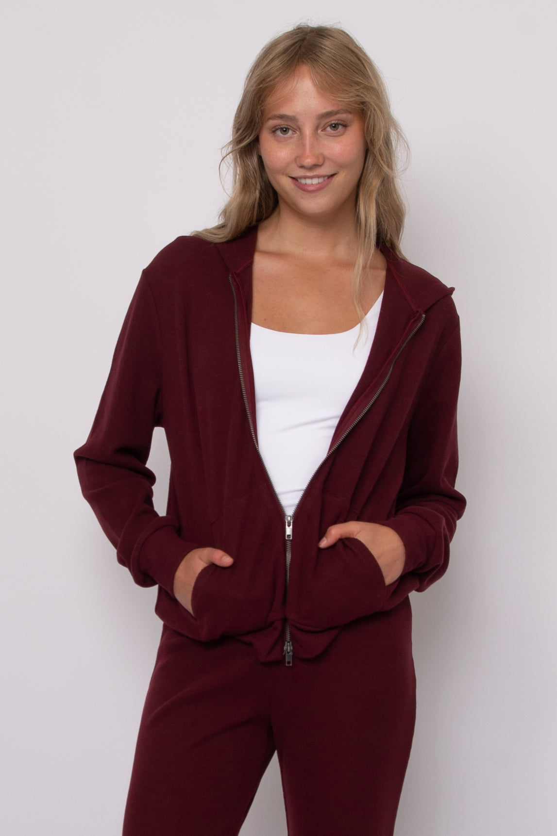 HESTA COZY WAFFLE LS ZIP UP HOODY - DEEP RED