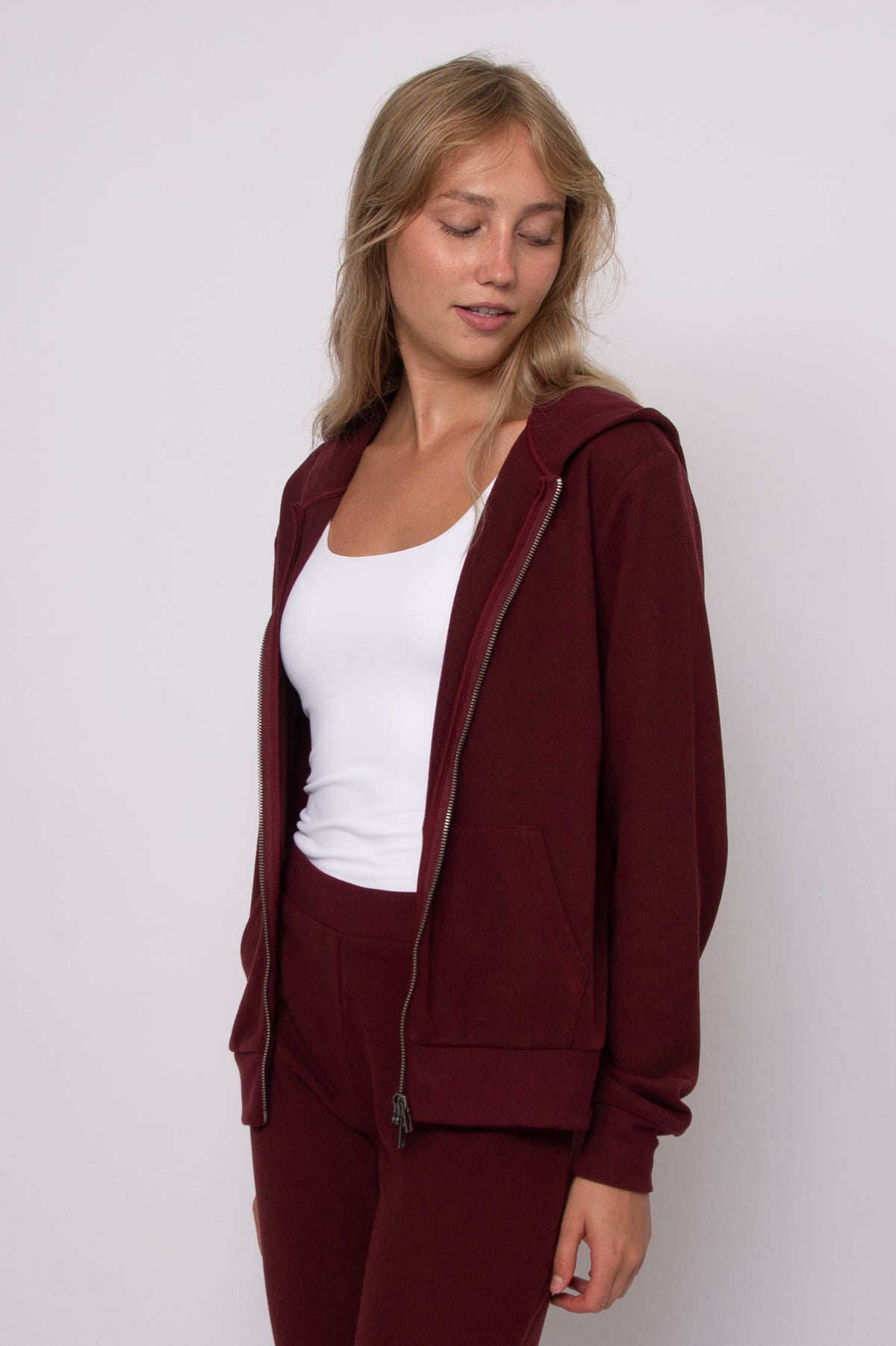 HESTA COZY WAFFLE LS ZIP UP HOODY - DEEP RED