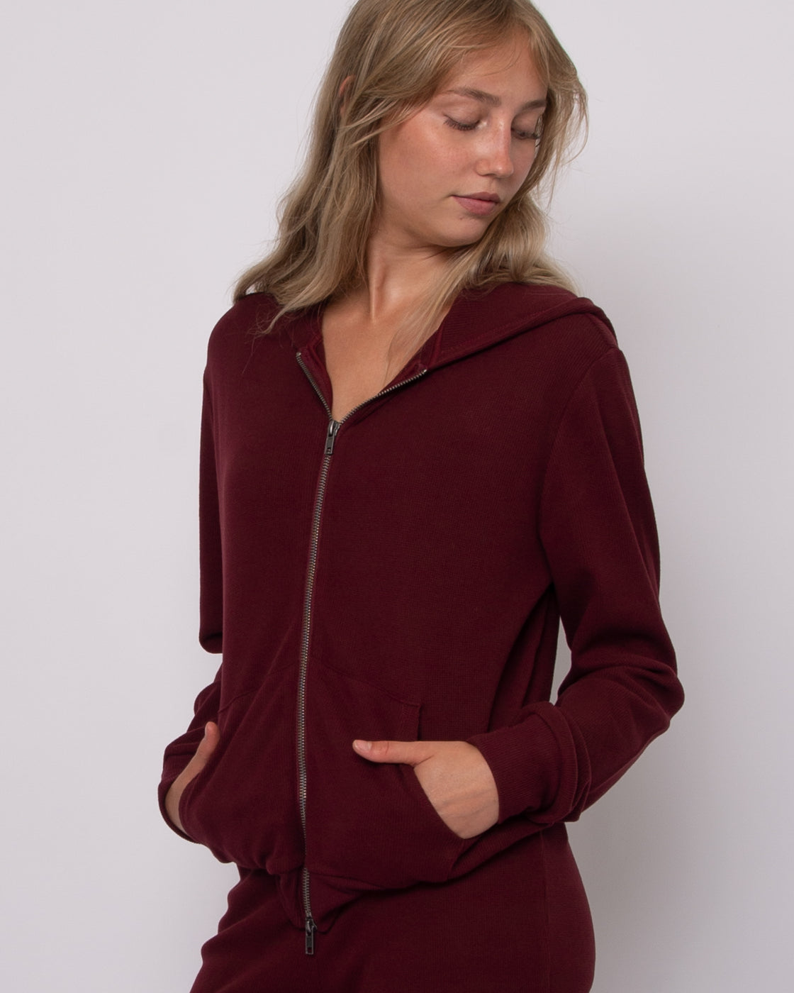 HESTA COZY WAFFLE LS ZIP UP HOODY - DEEP RED