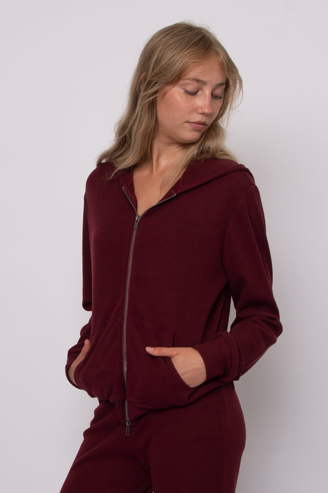 HESTA COZY WAFFLE LS ZIP UP HOODY - DEEP RED
