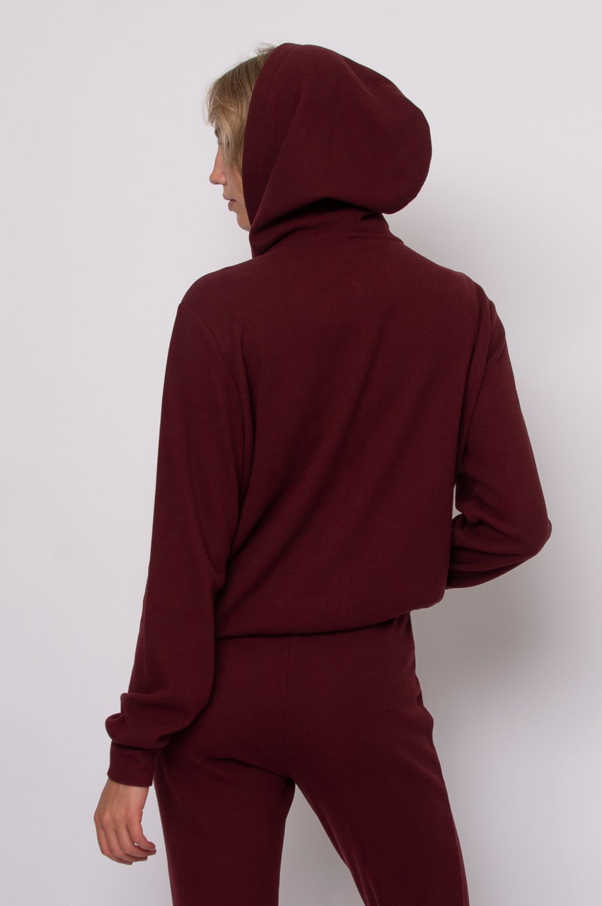 HESTA COZY WAFFLE LS ZIP UP HOODY - DEEP RED