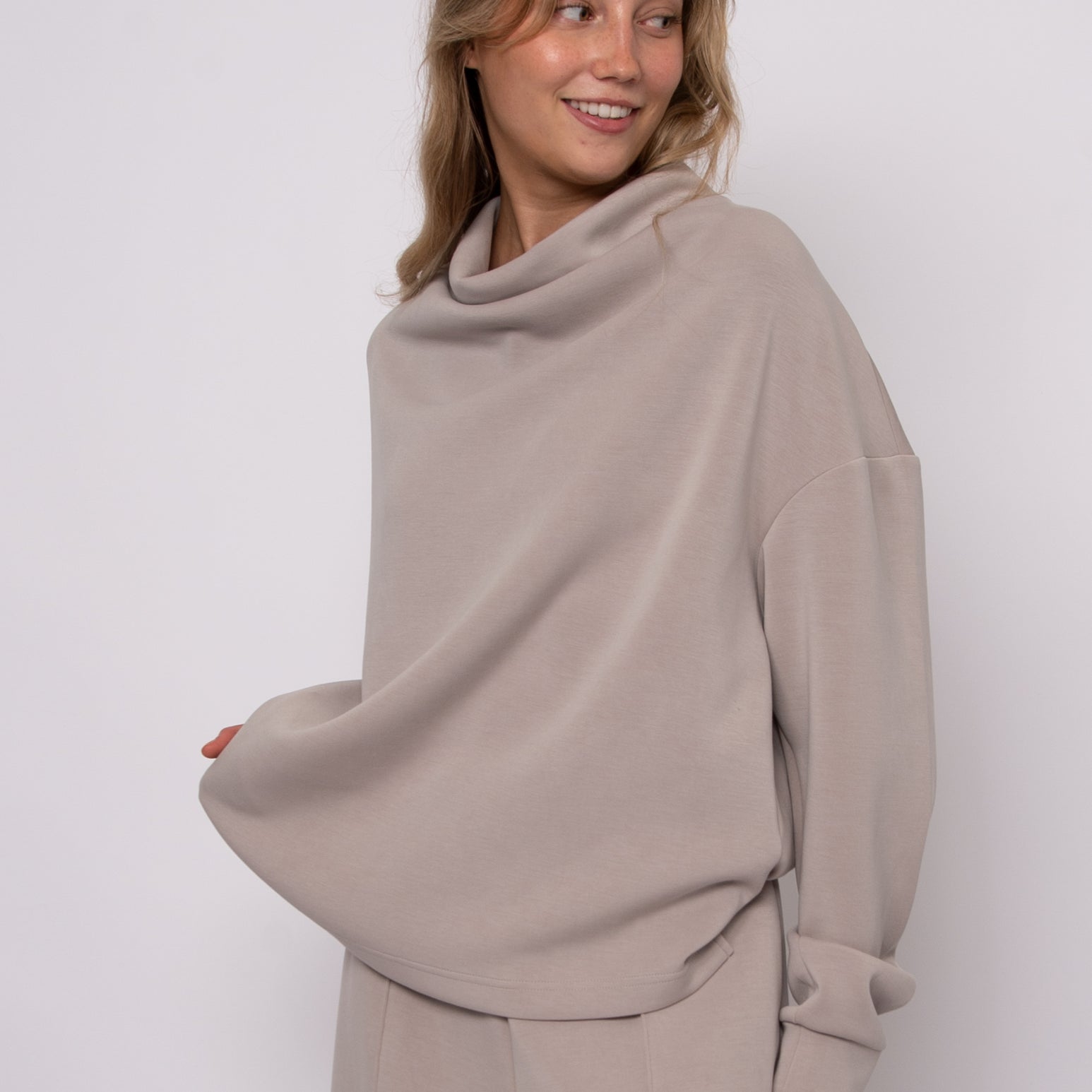 FREIZA SOFT KNIT FUNNEL NECK DRAPED PULLOVER - BIRCH